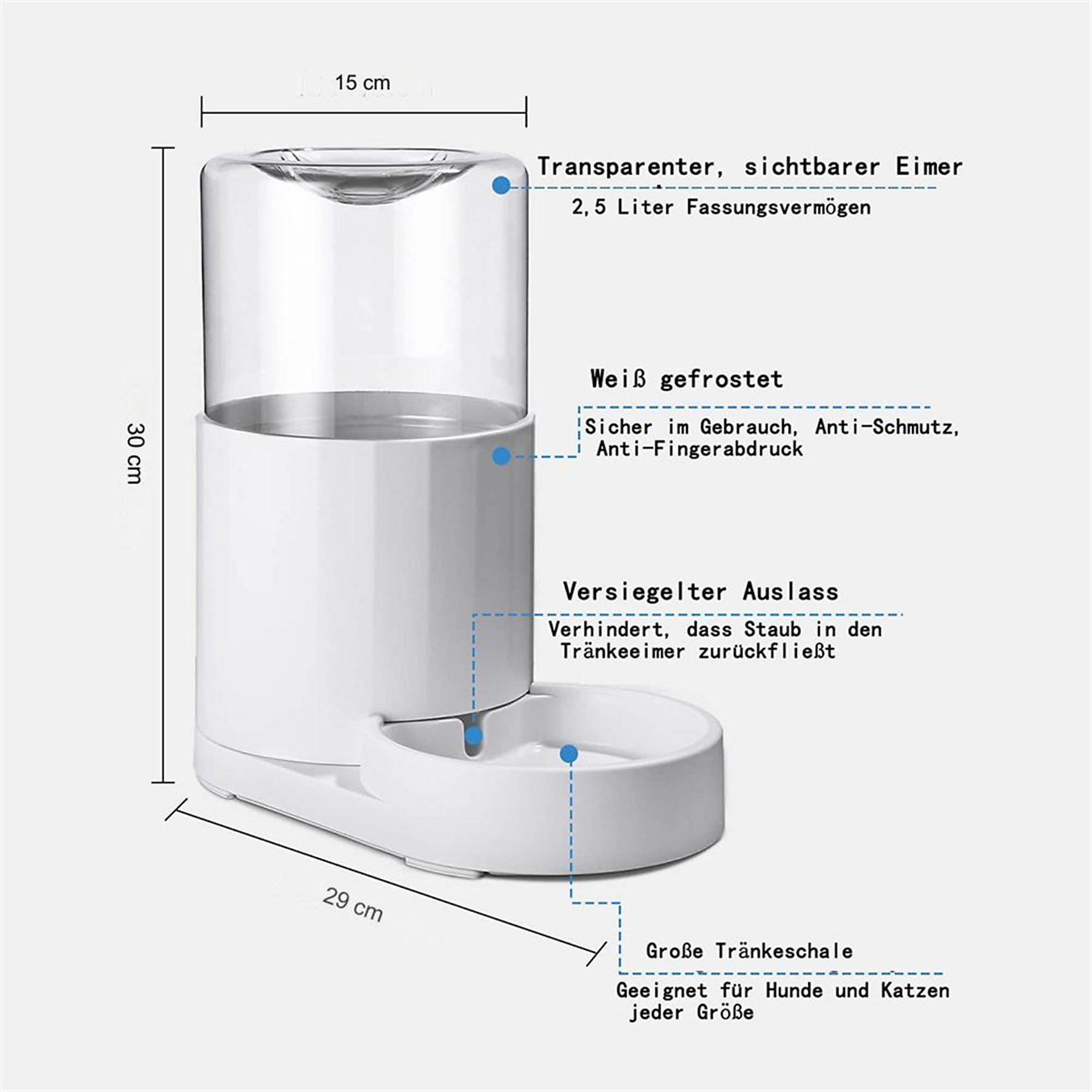 Ein weißer Haustier-Wasserspender. Er hat einen transparenten Deckel, einen weißen Körper und eine Wasserschüssel. Maße sind angegeben.