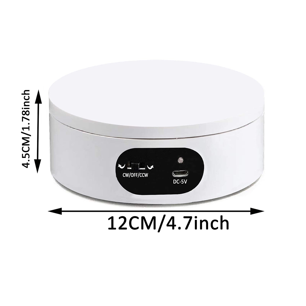 Eine weiße Drehplattform mit Steuertasten. Auf der Seite sind Maße angegeben: 4,5 cm/1,78 Zoll und 12 cm/4,7 Zoll.