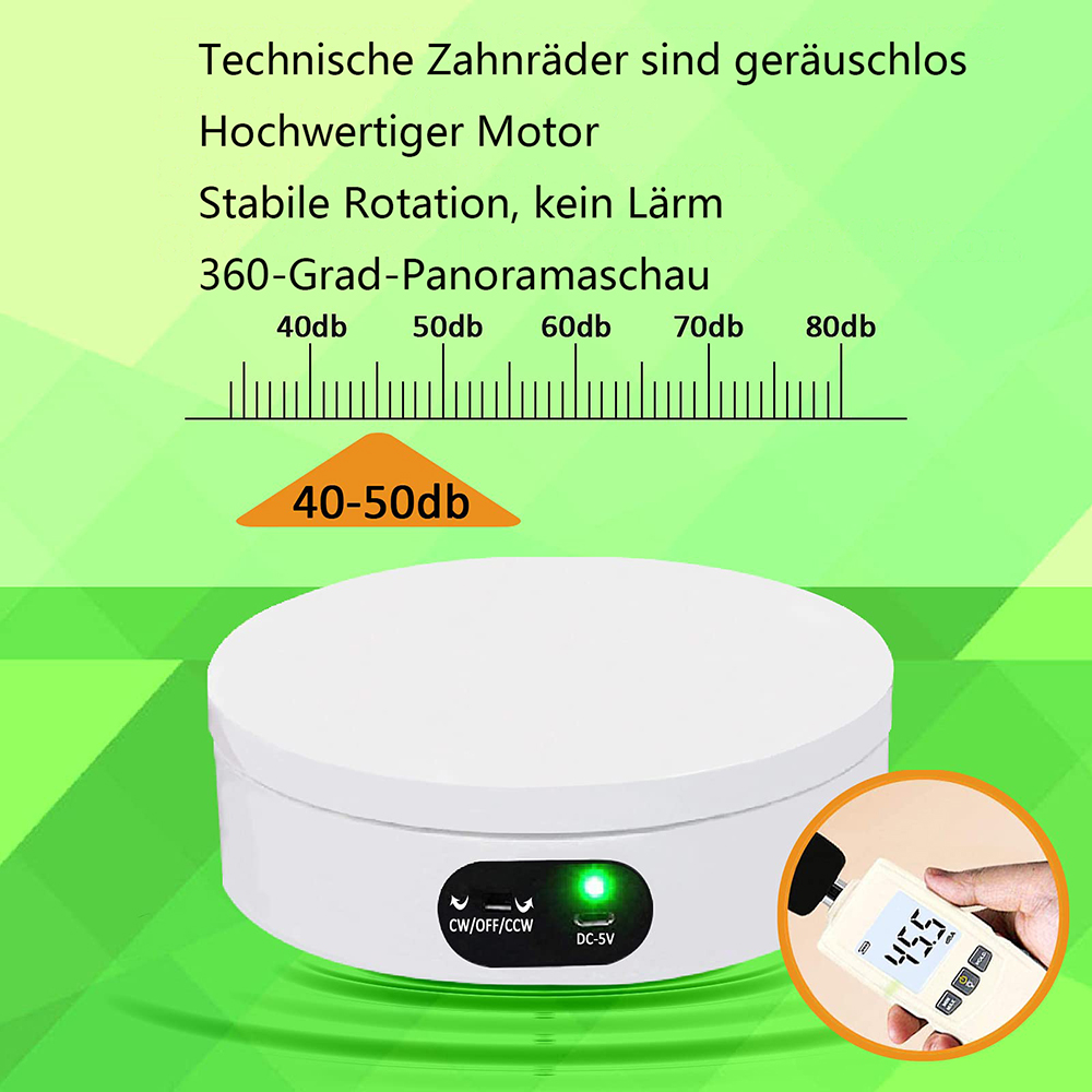 Eine weiße Drehplattform mit Steuertasten und einem Geräuschpegelanzeiger. Der Geräuschpegel wird als 45,5 dB angezeigt.