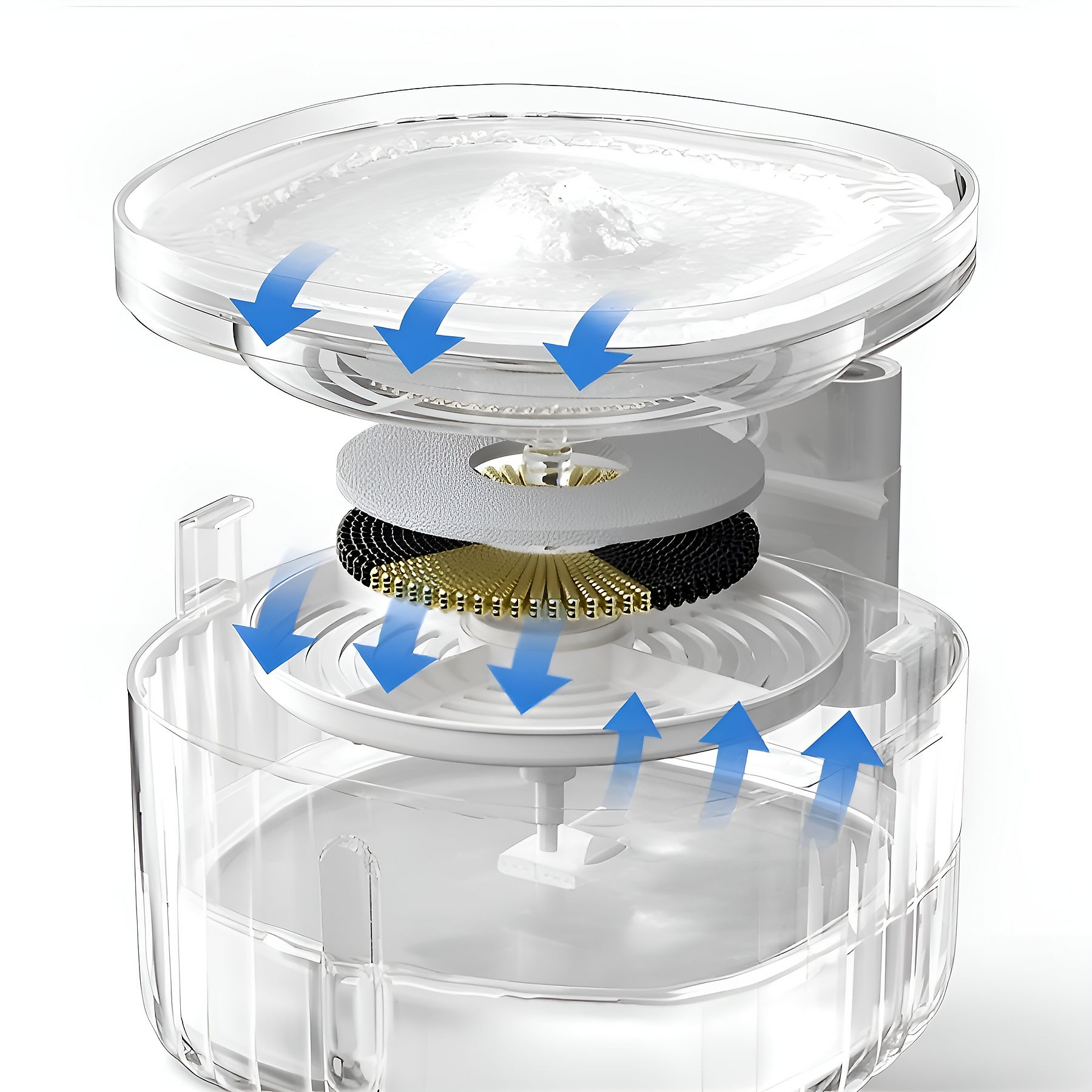 Diagramm eines transparenten Haustier-Wasserbrunnens, das den Wasserfluss durch Filter und Komponenten mit blauen Pfeilen zeigt.