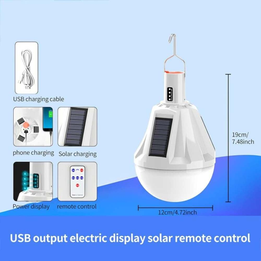 Eine weiße Solarlampe mit USB-Ladekabel, Telefonladung und Fernbedienung. Abmessungen sind angegeben.