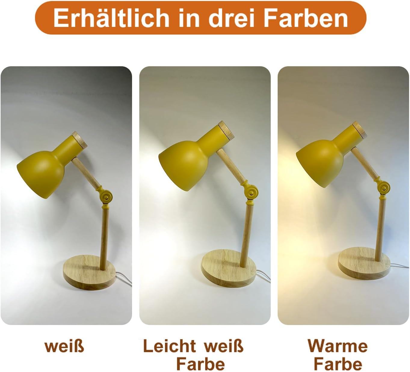 Drei gelbe Lampen mit Holzakzenten, beschriftet mit 'weiß', 'leicht weiß' und 'warm'. Die Lampen haben einen runden Fuß und einen verstellbaren Arm.