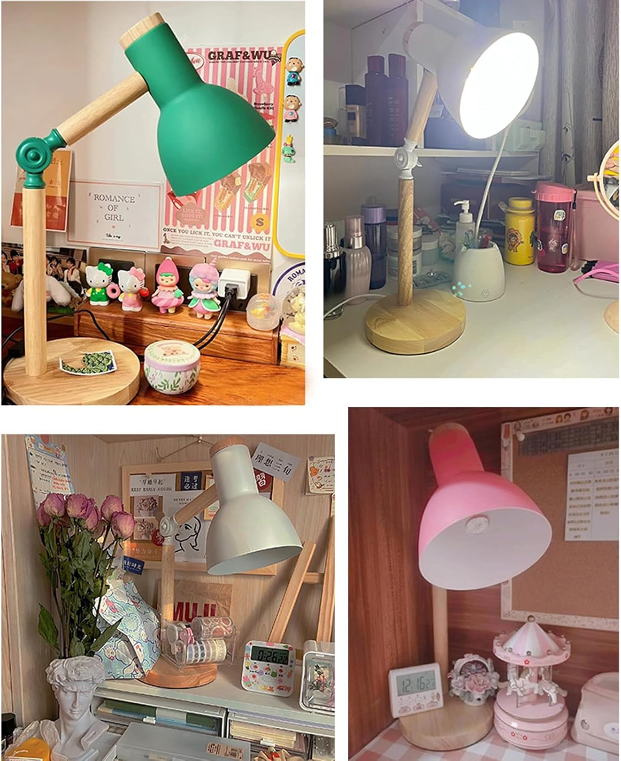 Vier Bilder von Schreibtischlampen mit Holzsockeln und verschiedenfarbigen Schirmen (grün, weiß, rosa). Verschiedene Gegenstände sind um die Lampen herum.