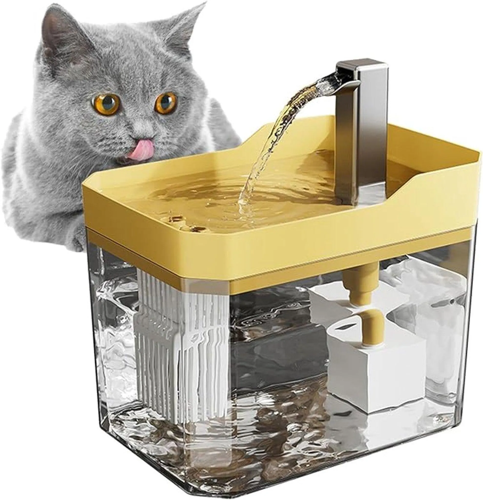 Eine graue Katze mit gelben Augen leckt sich die Lippen in der Nähe eines gelb-klaren Katzenwasserbrunnens.
