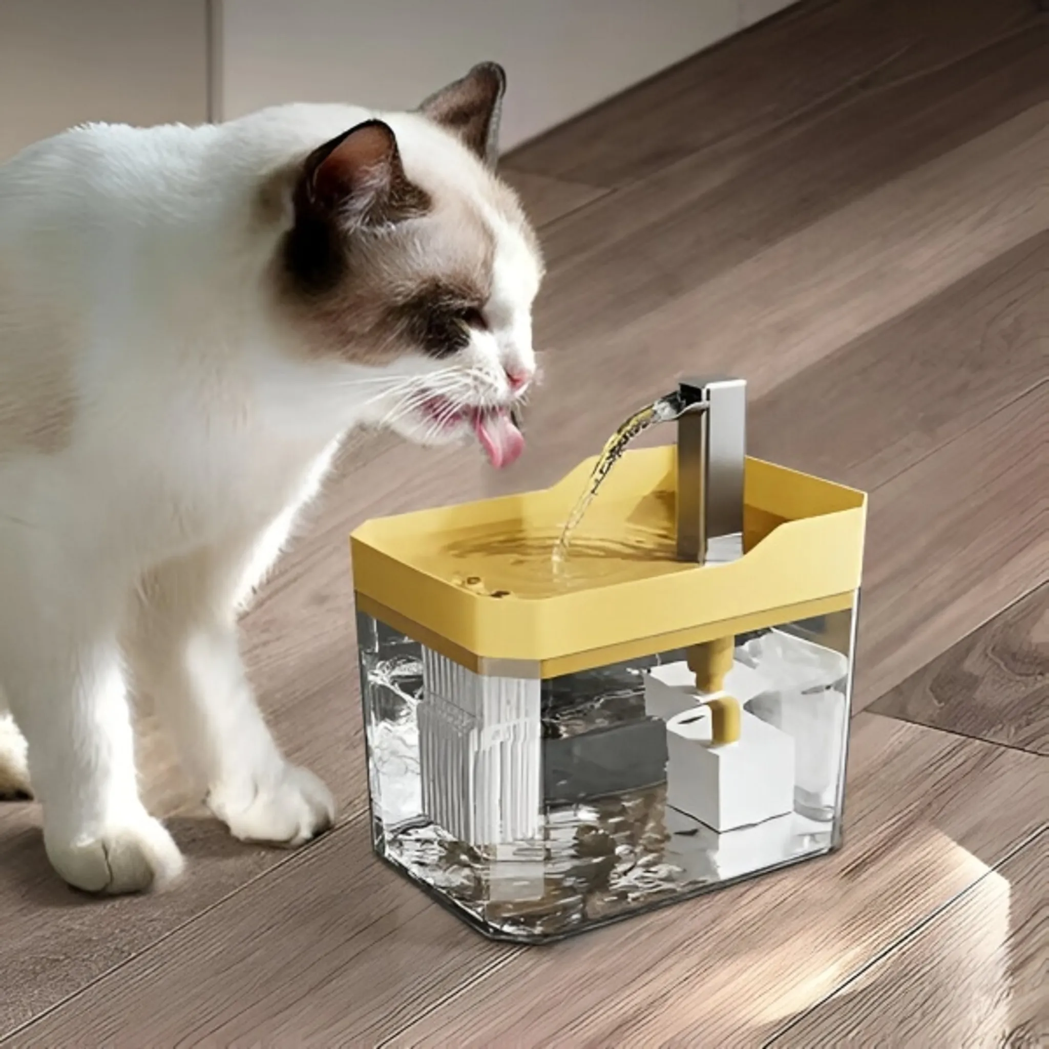 Eine Katze trinkt aus einem gelben und durchsichtigen Haustier-Wasserbrunnen. Das Wasser fließt in eine Schale. Holzfußboden.