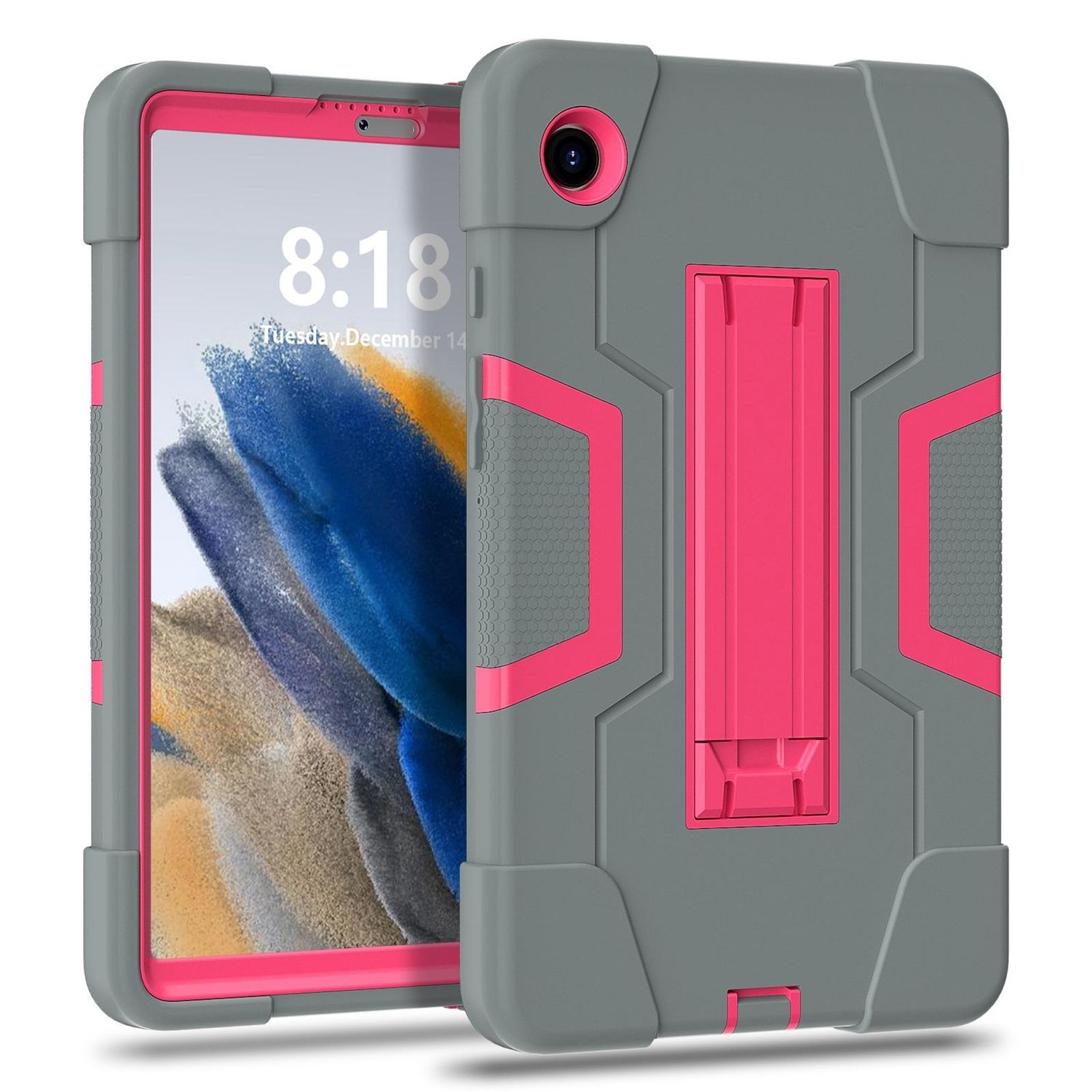 Tableta en una funda gris y rosa. La pantalla muestra la hora, 8:18, y la fecha, martes 14 de diciembre.