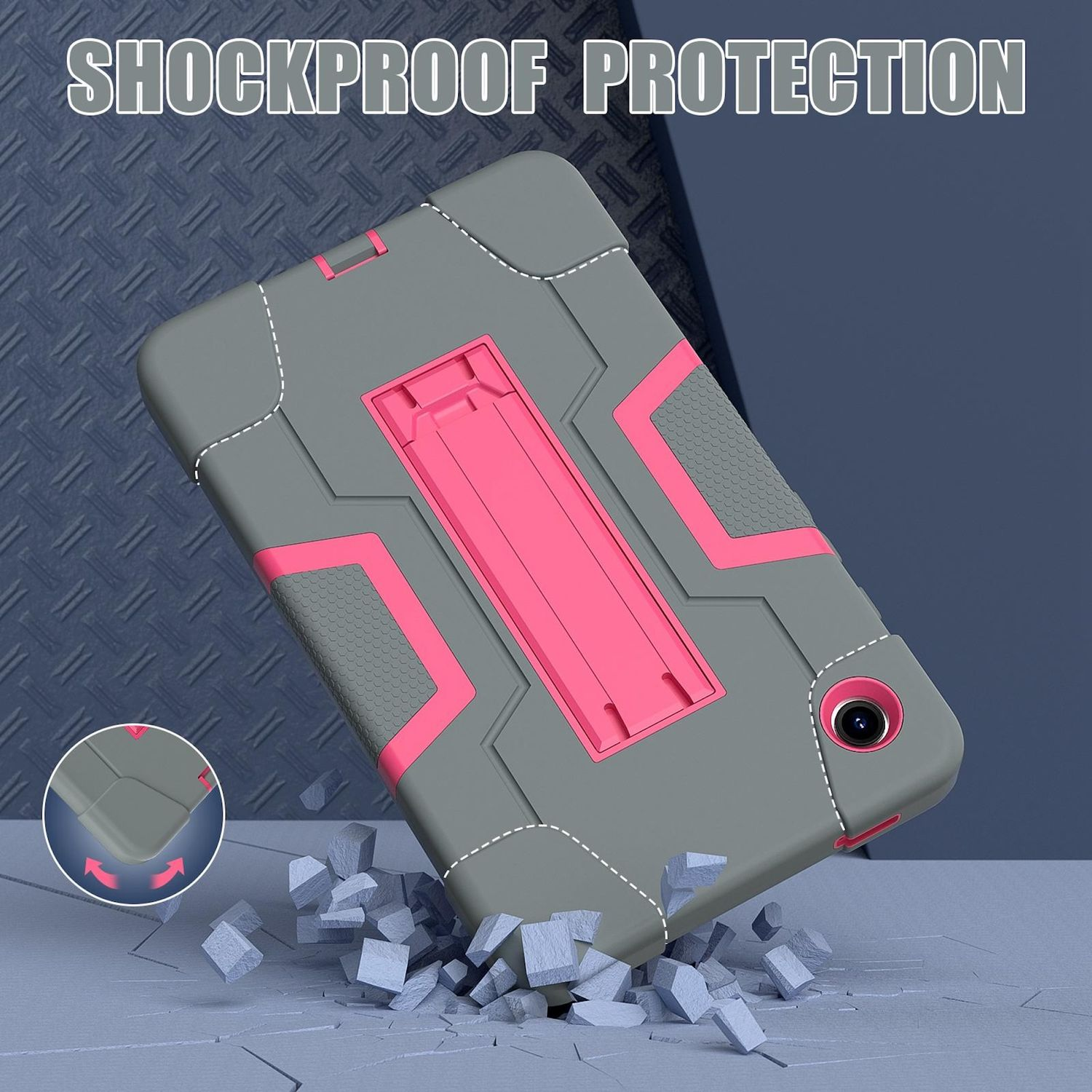 Una funda para tableta, gris y rosa, con la etiqueta 'Protección a prueba de golpes', parece que se ha caído, con escombros sobre una superficie azul.