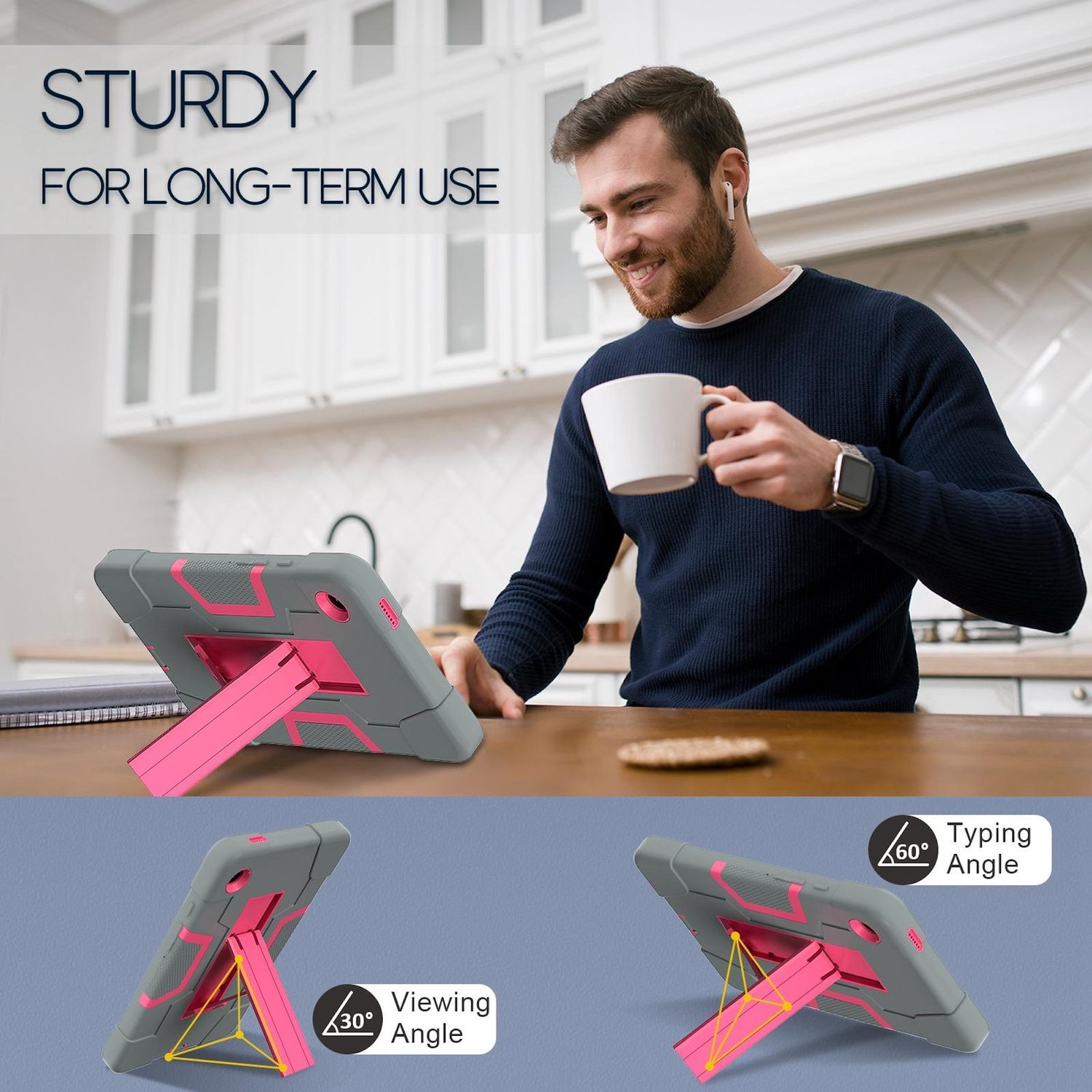 Un hombre sostiene una taza blanca. Una funda para tableta con un soporte rosa está sobre una mesa. Texto: STURDY FOR LONG-TERM USE.
