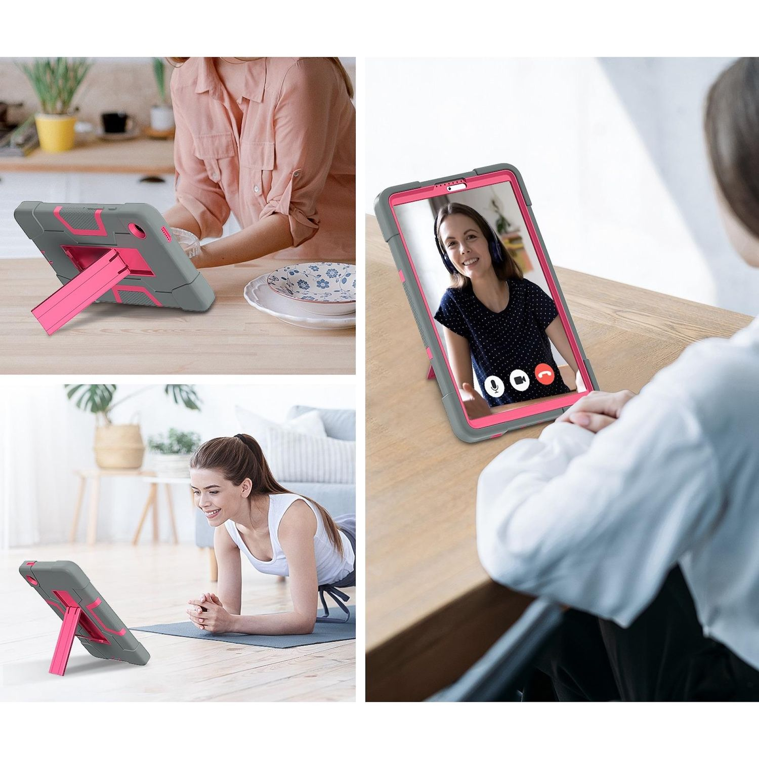 La imagen muestra una tableta en una funda rosa y gris. Se está utilizando en diferentes escenarios: cocinar, videollamada y hacer ejercicio.