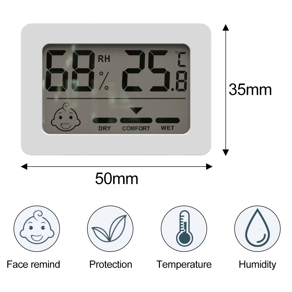 Weißes digitales Thermometer zeigt 68 % Luftfeuchtigkeit und 25,8 °C Temperatur an. Enthält Gesichts-, Blatt-, Thermometer- und Wassertropfen-Symbole.