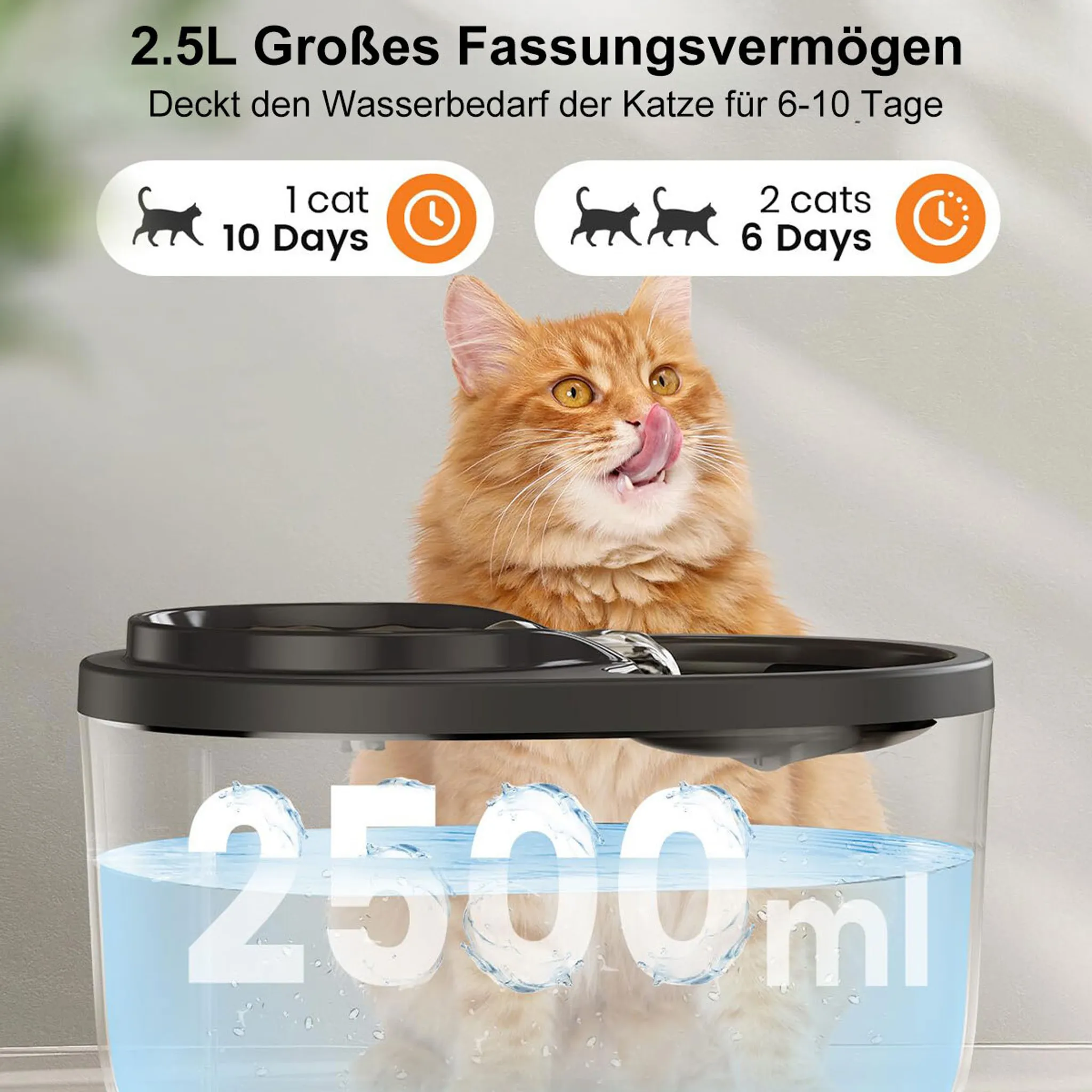 Eine Katze leckt ihre Nase über einem Wasserspender. Der Spender hat 2500ml Wasser, genug für 1 Katze für 10 Tage.