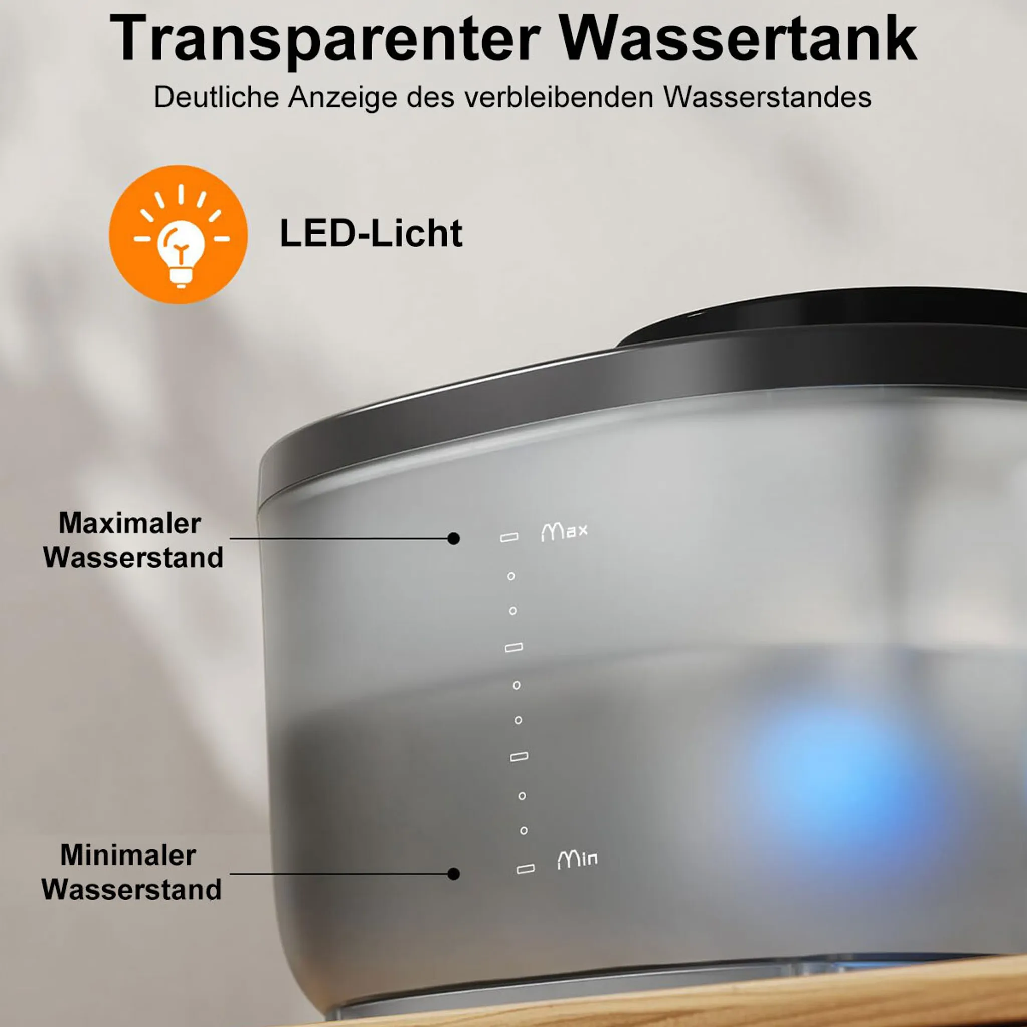 Ein transparenter Wassertank mit Füllstandsanzeigen. Texte wie 'Max' und 'Min' sind sichtbar. Oben befindet sich ein orangefarbenes Glühbirnen-Symbol.