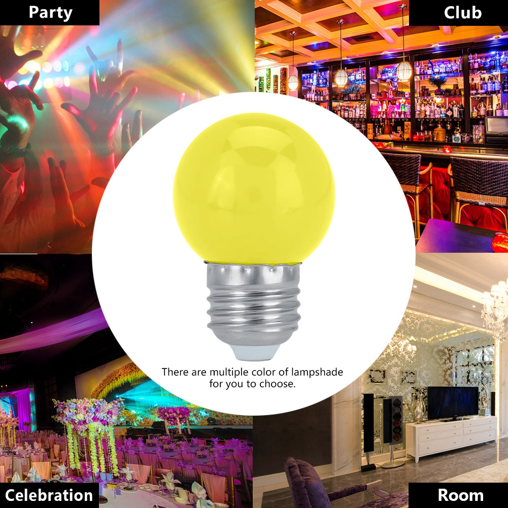Eine gelbe Glühbirne mit silbernem Sockel in der Mitte. Das Bild zeigt Szenen einer Party, eines Clubs, einer Feier und eines Raumes.