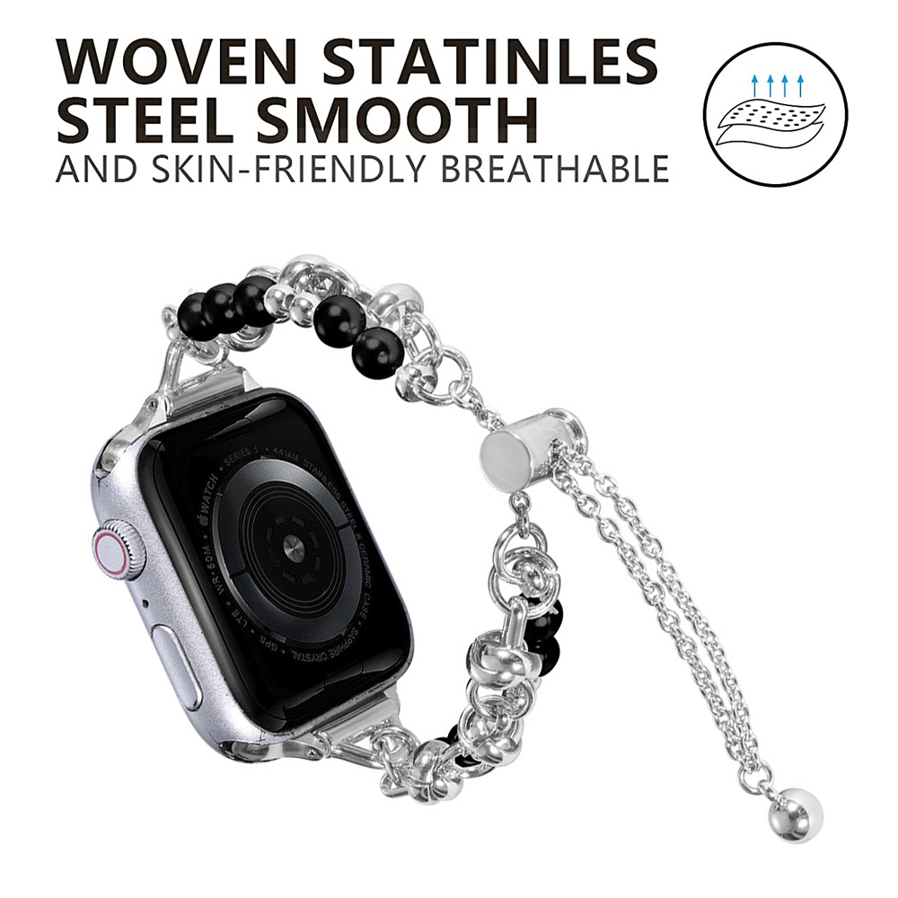 Silberne Apple Watch mit schwarzen Perlen und Kettenarmband. Text: GEWOBENE STATINLES STAHL GLATT UND HAUTFREUNDLICH ATMUNGSAKTIV.