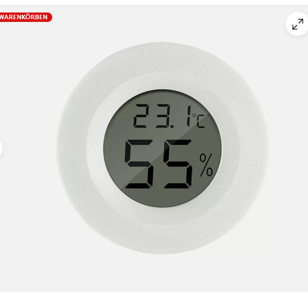 Ein weißes, rundes digitales Thermometer zeigt 23,1°C und 55% an. Der Hintergrund ist schlicht weiß.