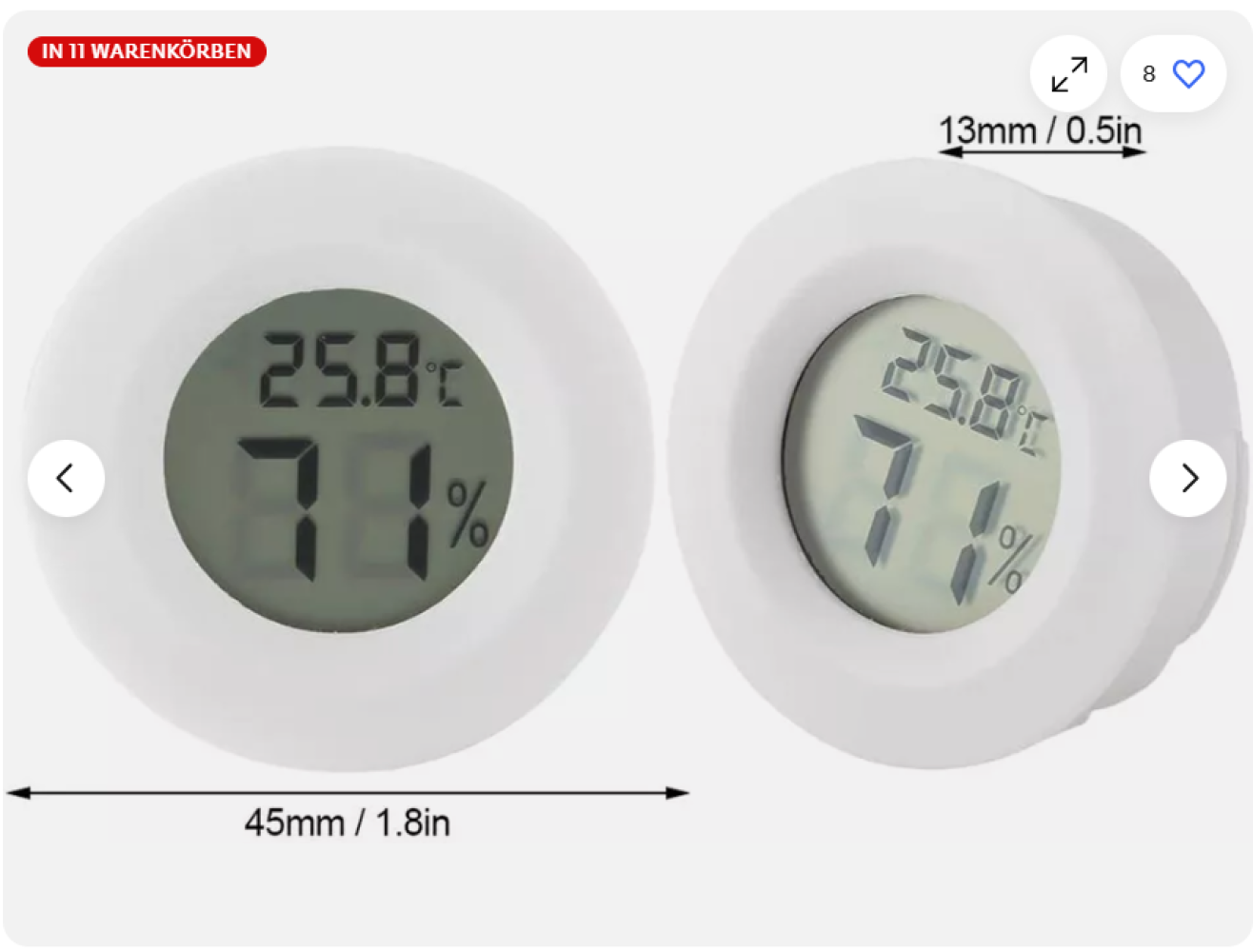 Zwei weiße Digitalthermometer, die Temperatur und Luftfeuchtigkeit anzeigen. Eines zeigt 25,8 °C und 71 %. Abmessungen sind angegeben.
