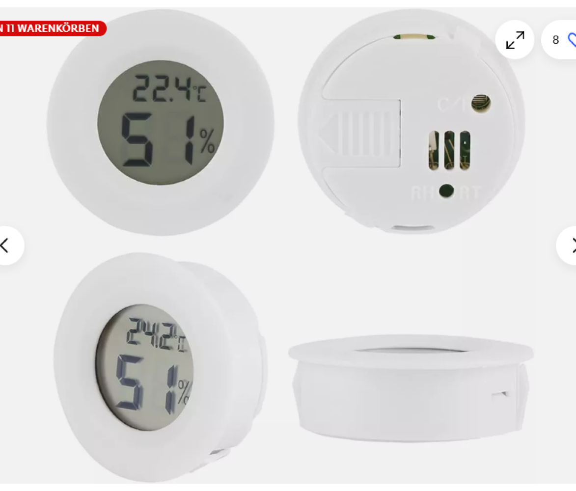 Vier weiße, runde digitale Thermometer. Jedes zeigt Temperatur- und Feuchtigkeitswerte auf einem kleinen LCD-Bildschirm an. Eines zeigt die Rückseite.