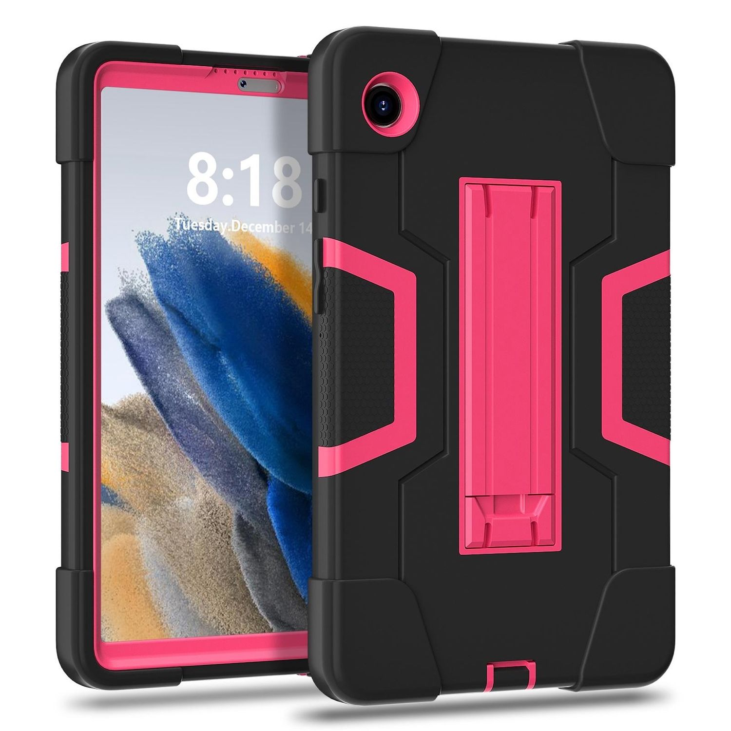 Una tableta en una funda negra y rosa. La pantalla muestra la hora, 8:18, y la fecha, martes 14 de diciembre. La funda tiene un soporte.
