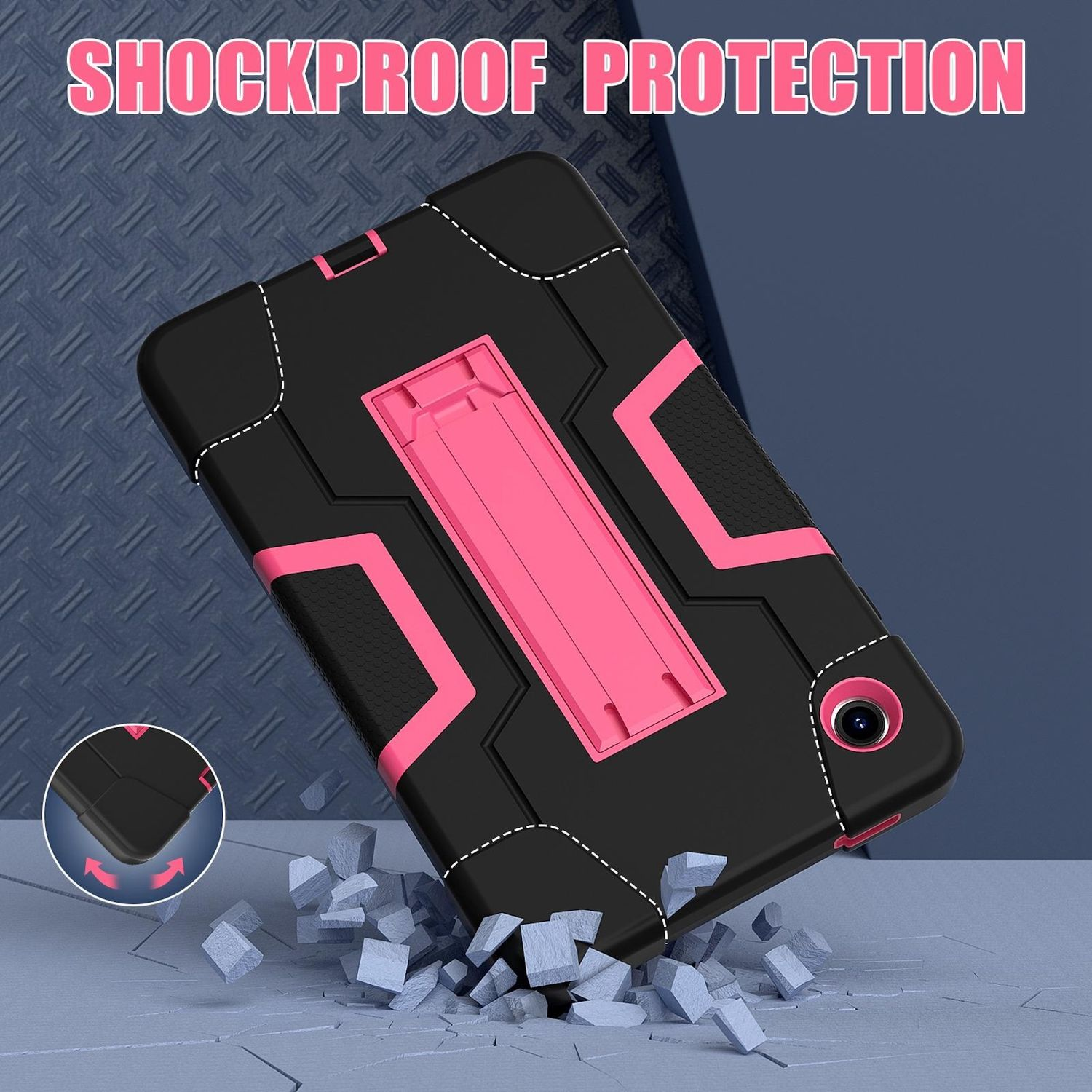 Se muestra una funda para tableta con un soporte rosa. La funda es negra y rosa, con las palabras 'Shockproof Protection' encima.