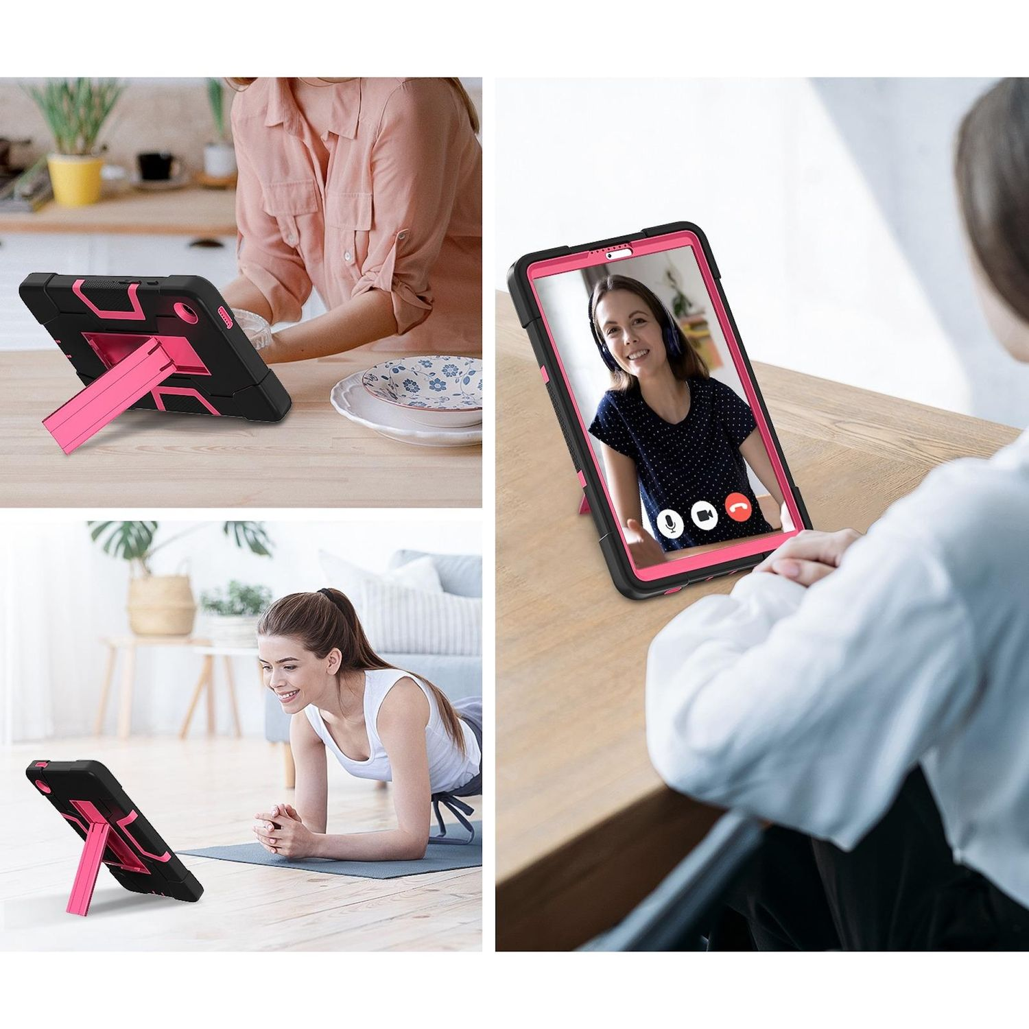 Una tableta con soporte rosa se utiliza para videollamadas y ejercicio, mostrando su versatilidad en diferentes entornos.