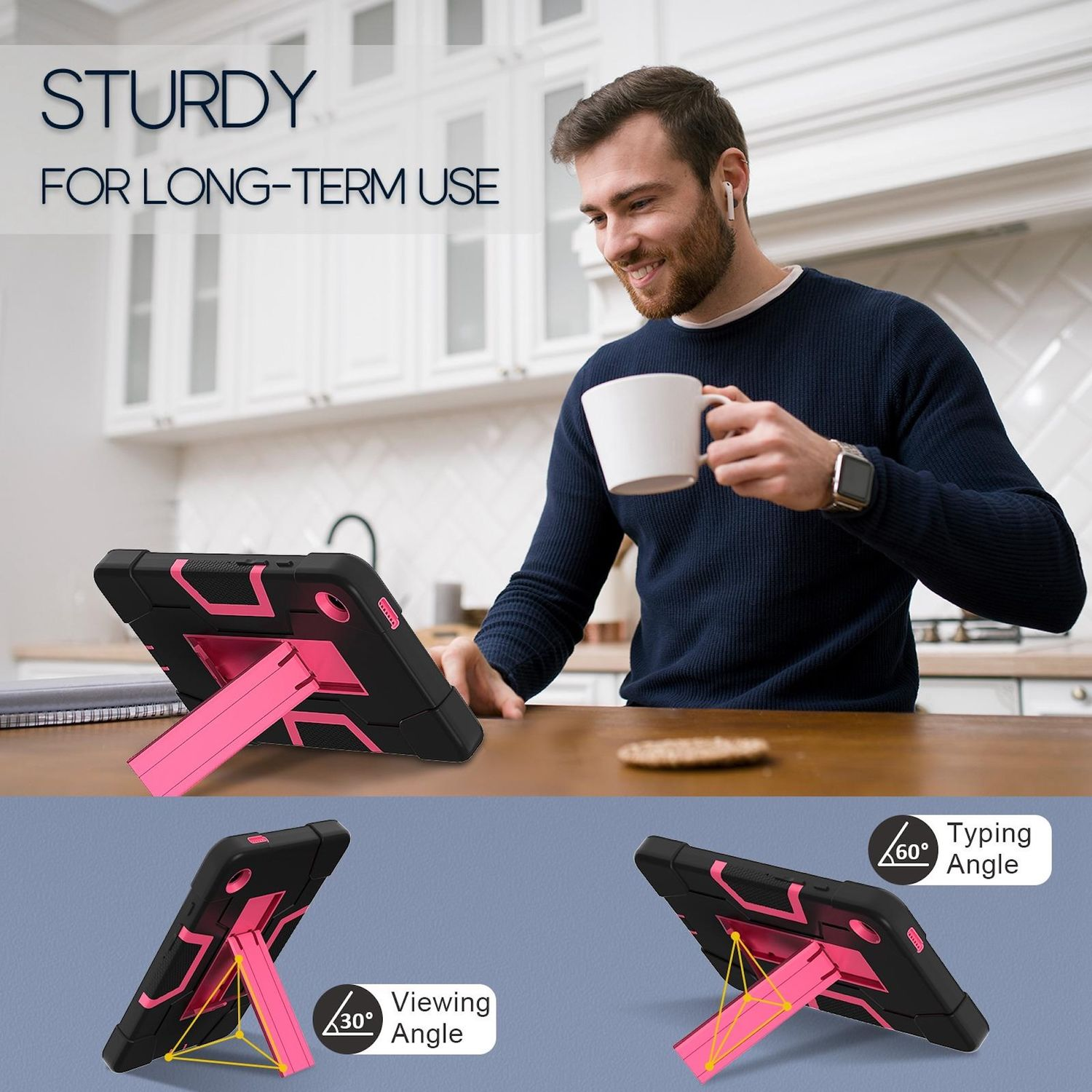 Un hombre con una taza está cerca de una mesa con una funda para tableta. La funda es negra y rosa y tiene un soporte.