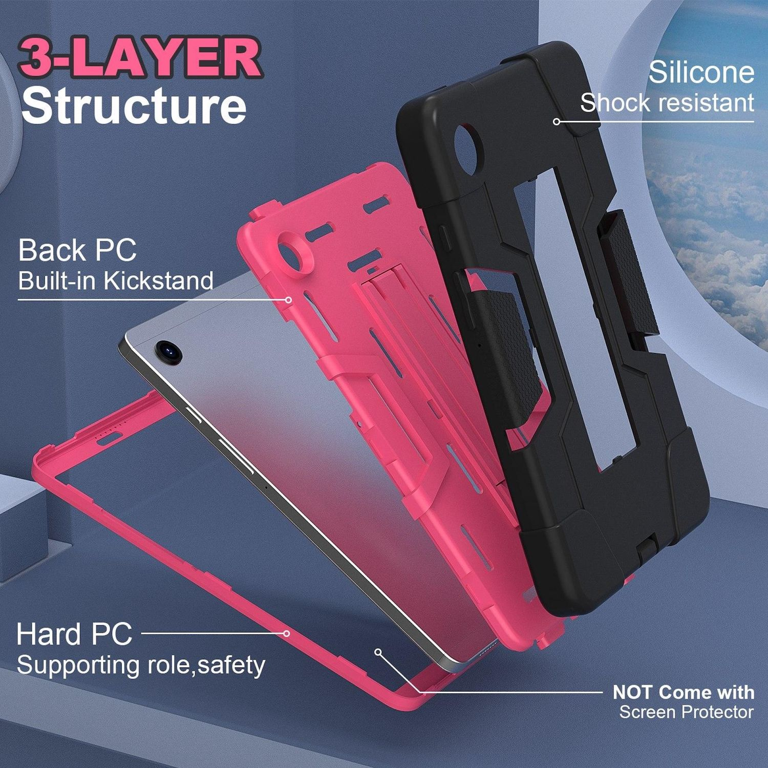 Vista explosionada de una funda para tableta. Muestra una PC trasera rosa con soporte, un marco negro de silicona resistente a golpes y un marco de PC duro.