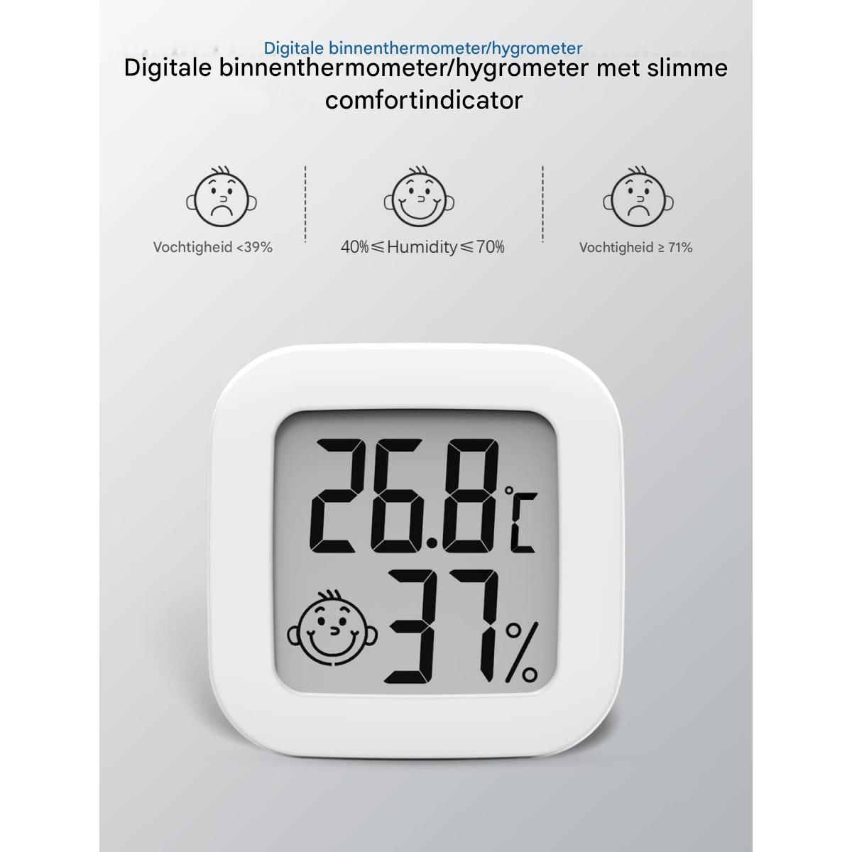 Ein weißes digitales Thermometer zeigt 26,8 °C und 37 %. Es hat ein fröhliches Gesichtssymbol und Feuchtigkeitsanzeigen.