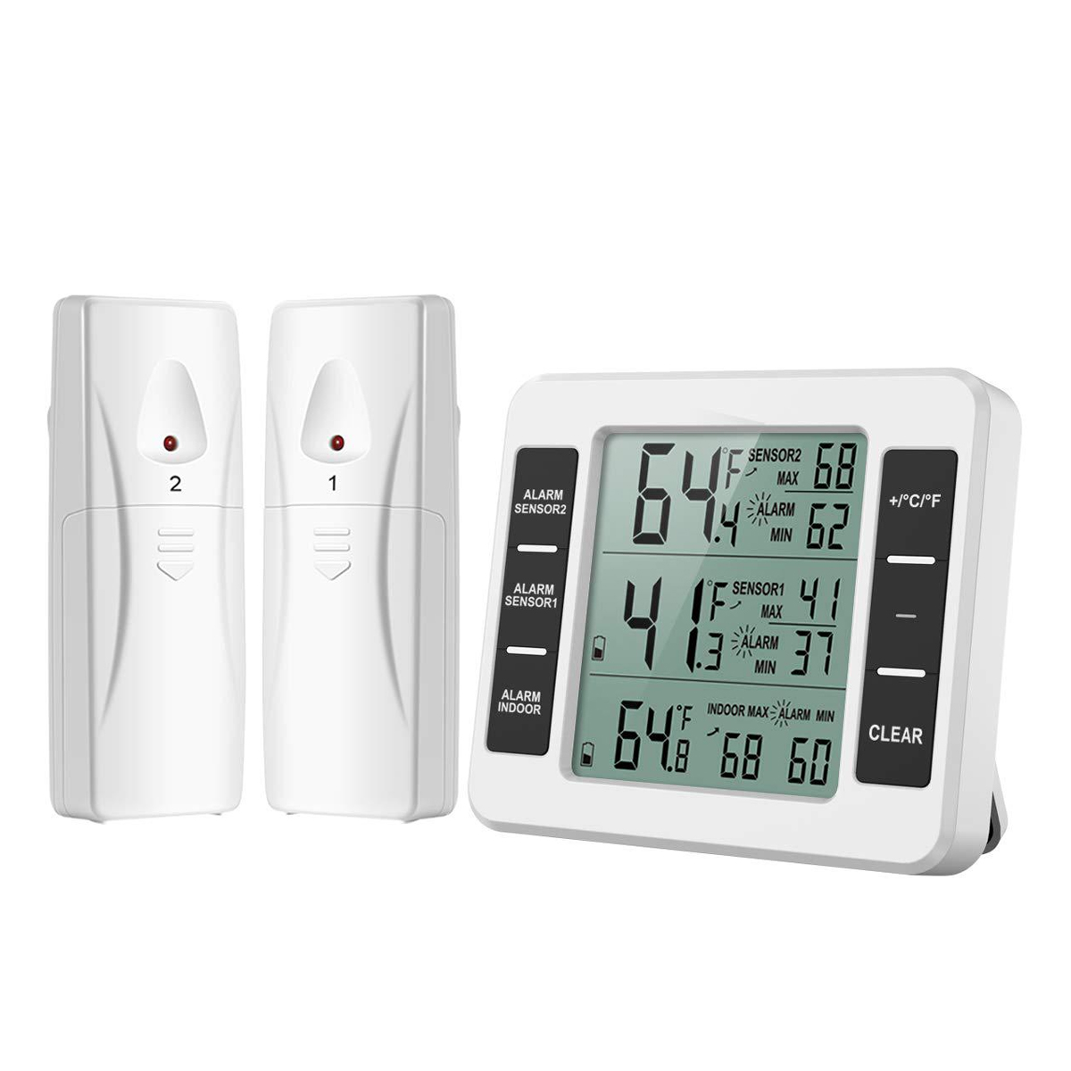 Ein weißes digitales Thermometer zeigt Temperaturmesswerte an. Links sind zwei weiße Sensoren. Das Thermometer zeigt Temperatur- und Alarmeinstellungen.