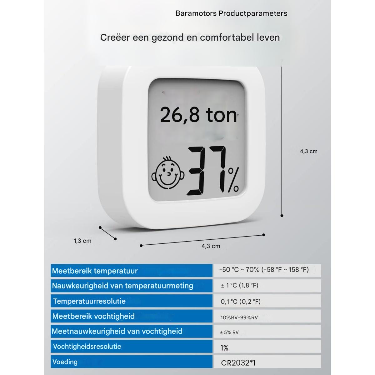 Ein weißes digitales Thermometer zeigt 26,8 und 37% an. Es hat ein lächelndes Gesichts-Symbol. Darunter technische Daten.