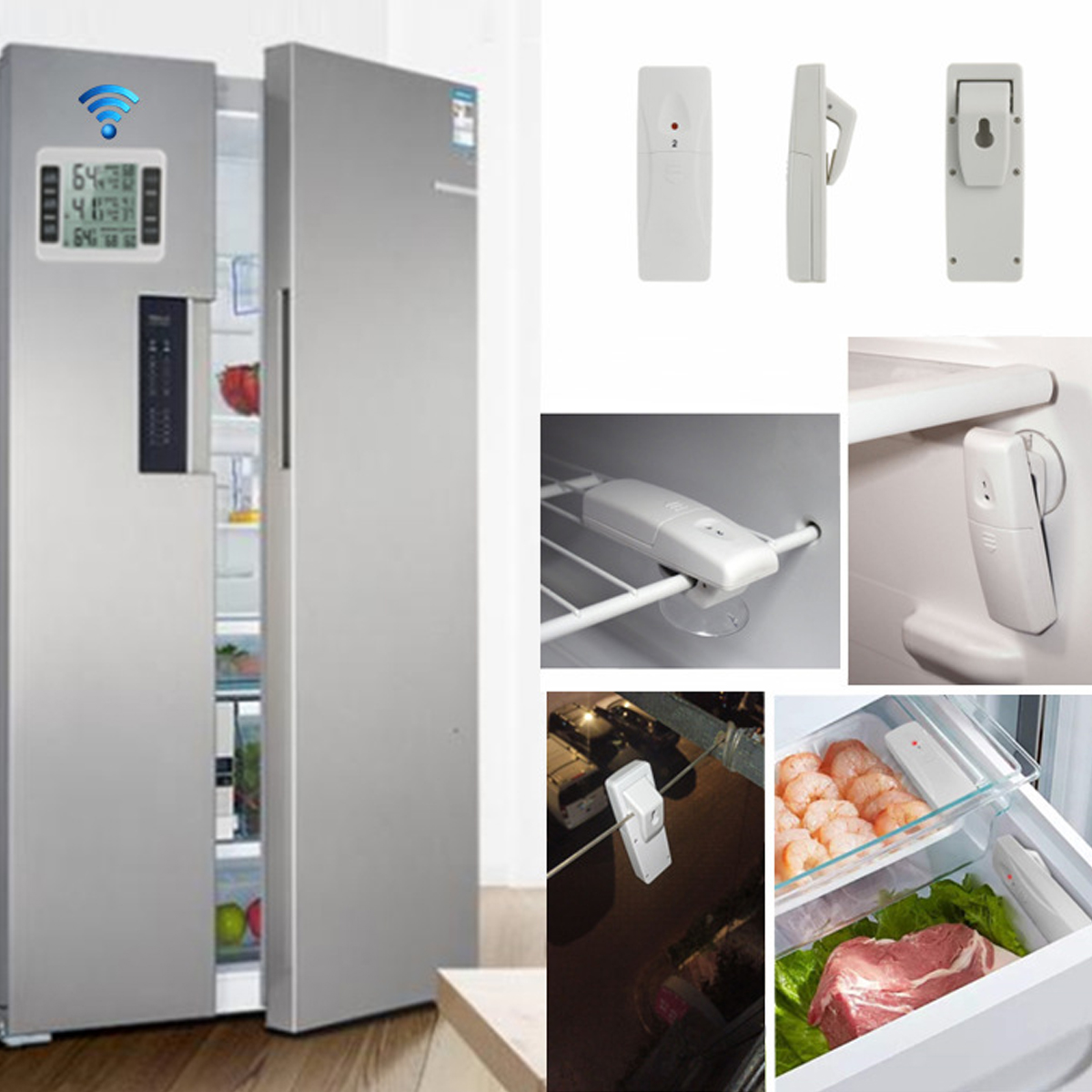 Ein Kühlschrank mit offener Tür, der Lebensmittel im Inneren zeigt. Kleine weiße Sensoren sind abgebildet, möglicherweise zur Überwachung.