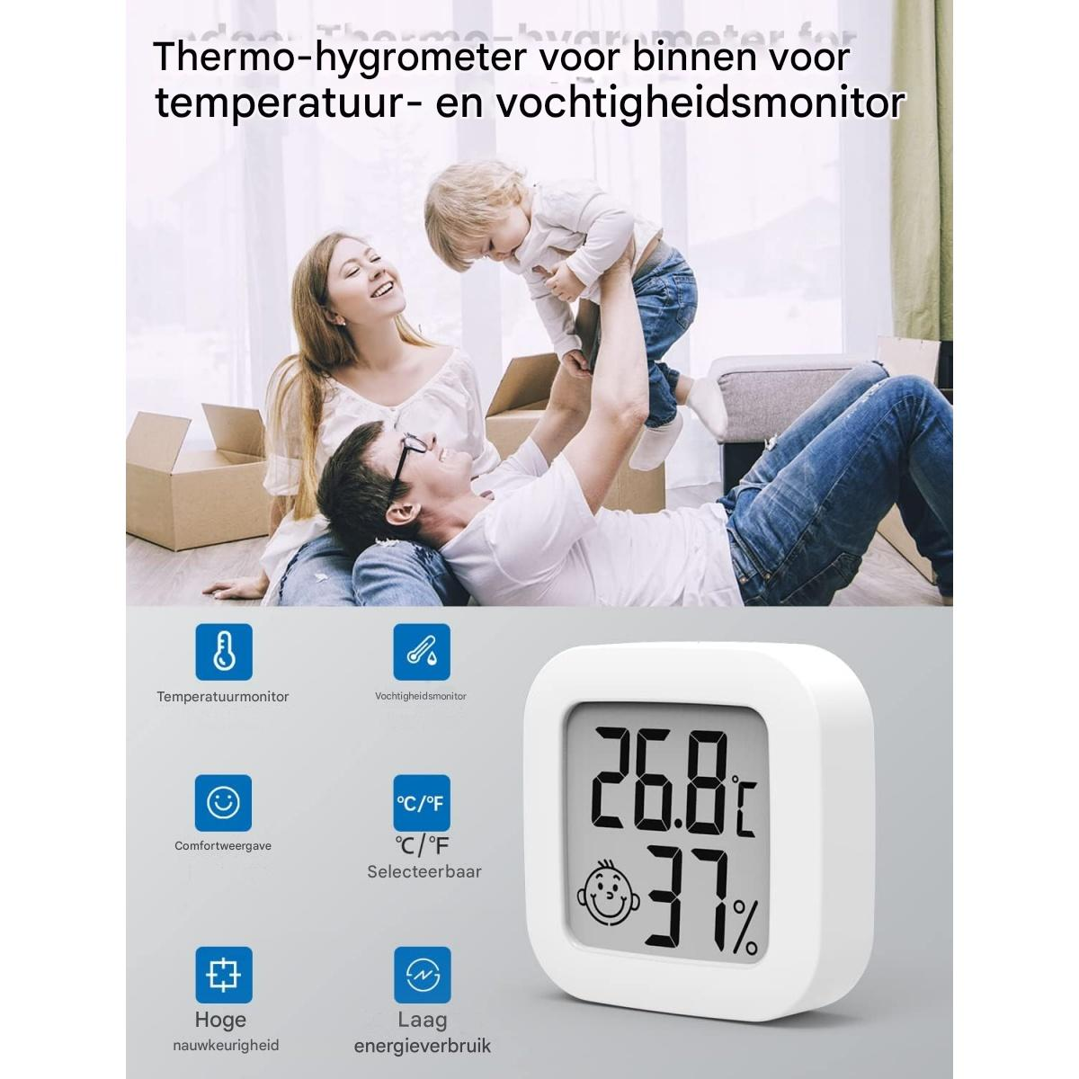Eine Familie spielt mit einem Kind. Ein digitales Thermometer zeigt Temperatur und Luftfeuchtigkeit. Symbole zeigen Funktionen an.