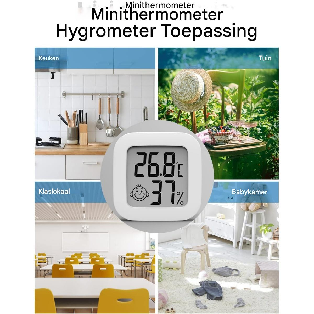 Das Bild zeigt ein Thermometer mit 26,8°C und 37%. Es hat eine Küche, einen Garten, ein Klassenzimmer und ein Babyzimmer in den Ecken.