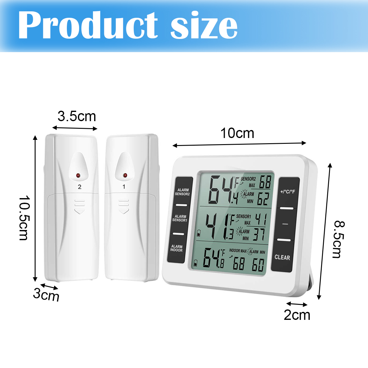 Ein weißes digitales Thermometer zeigt Temperaturmesswerte an. Zwei weiße Sensoren befinden sich links. Abmessungen sind um die Geräte angegeben.