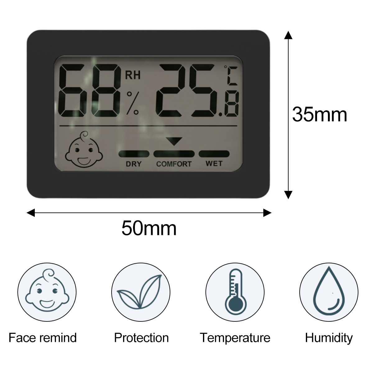Schwarzes Digitalthermometer zeigt 68 % Luftfeuchtigkeit, 25,8 °C Temperatur. Gesichts-, Blatt-, Thermometer- und Wassertropfensymbole unten.