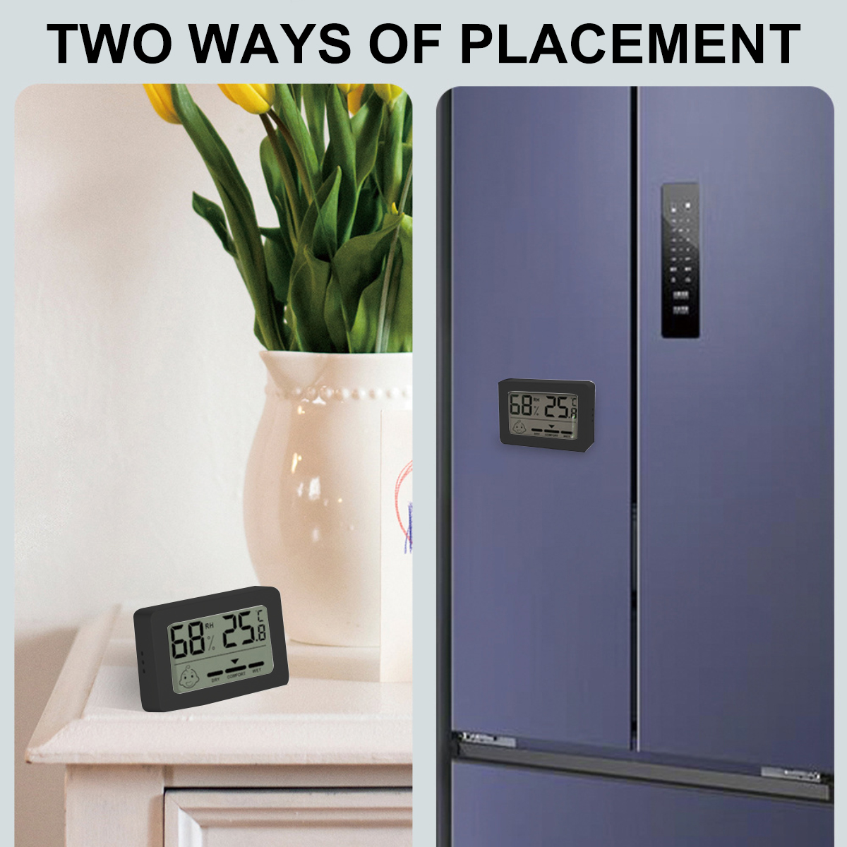 Das Bild zeigt zwei Möglichkeiten, ein digitales Thermometer zu platzieren: auf einem weißen Tisch und an einem blauen Kühlschrank.