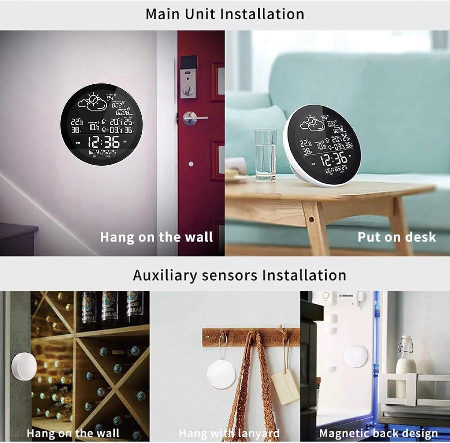 Das Bild zeigt eine Wetterstation, Haupt- und Nebeneinheiten, mit Installationsoptionen wie Wand, Schreibtisch und Lanyard.