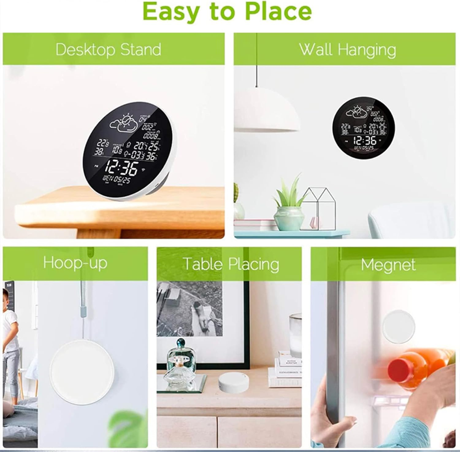 Das Bild zeigt eine Digitaluhr in verschiedenen Einstellungen: auf einem Tisch, an der Wand, hängend, auf einem Tisch und an einem Kühlschrank.
