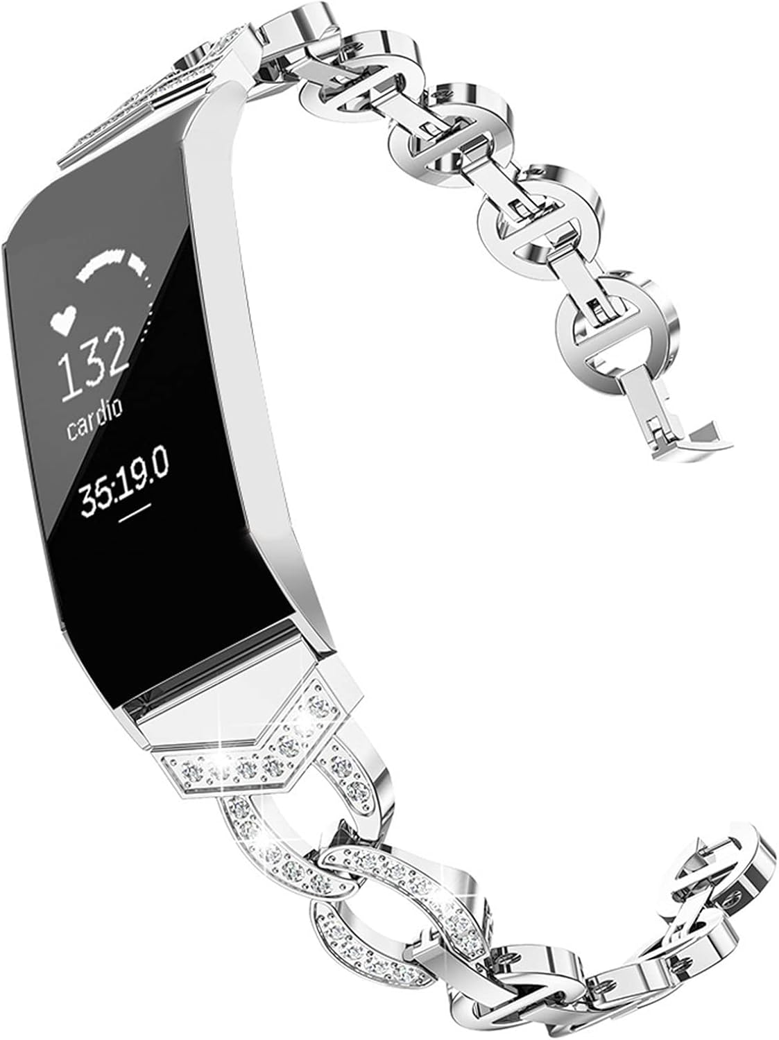 Eine silberne Smartwatch mit schwarzem Display, das Herzfrequenz, Cardio und Zeit anzeigt. Sie ist an einem Silberarmband befestigt.