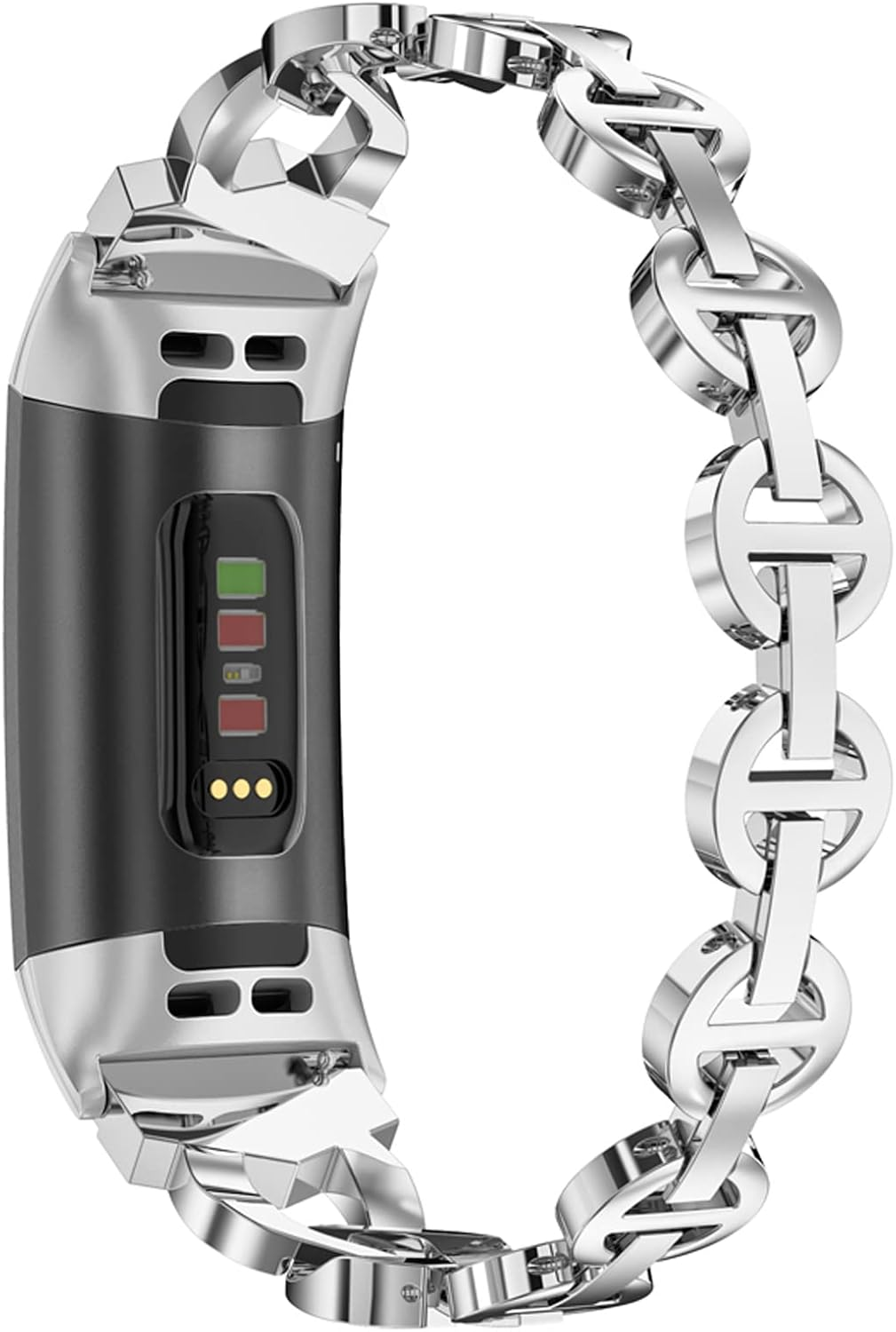 Eine silberne Smartwatch mit schwarzem Bildschirm und Kettenglied-Armband. Der Bildschirm zeigt grüne, rote und gelbe Anzeigen.