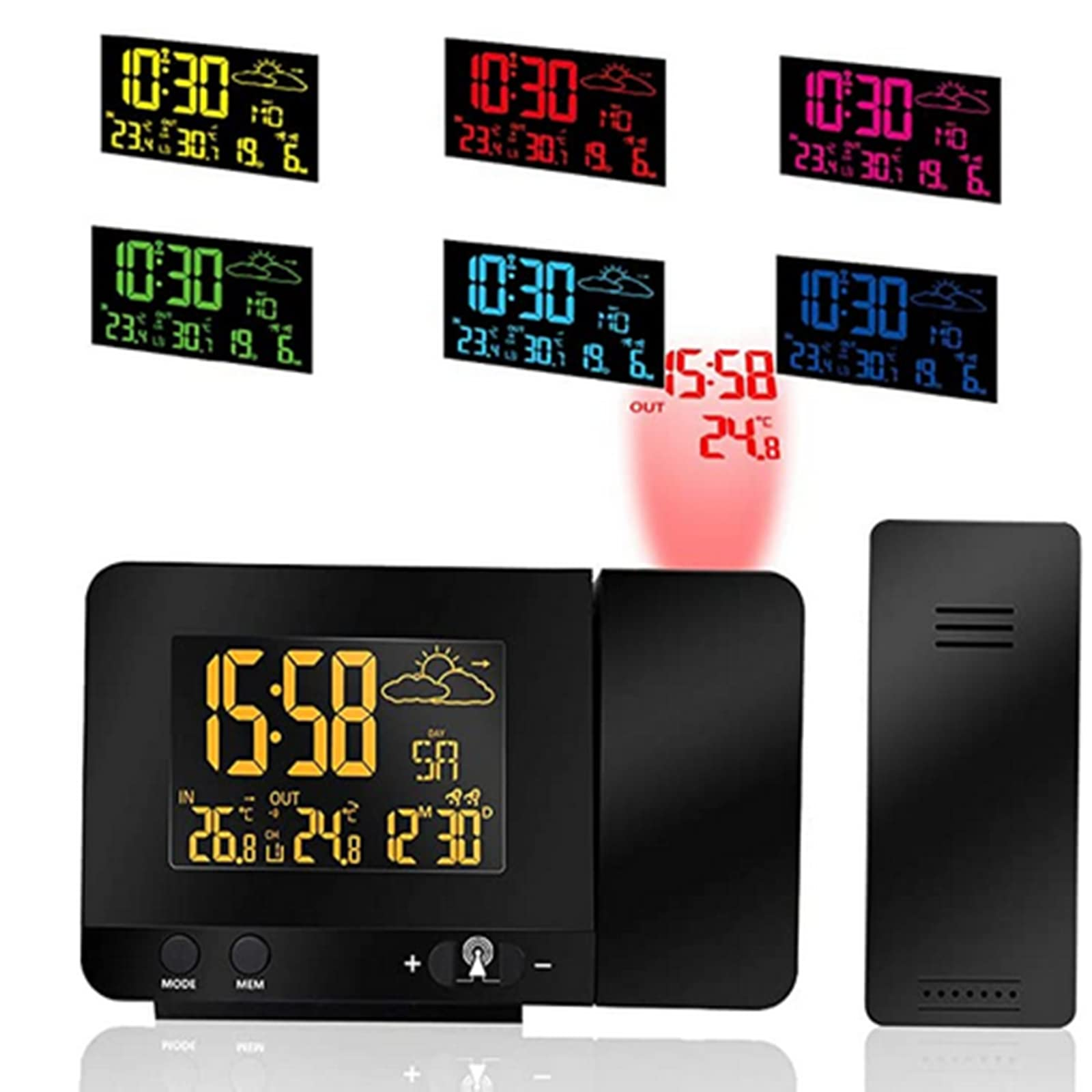 Eine Digitaluhr, die Zeit und Temperatur anzeigt. Mehrere Anzeigen mit unterschiedlichen Zeiten und Temperaturen. Schwarzes Gehäuse.