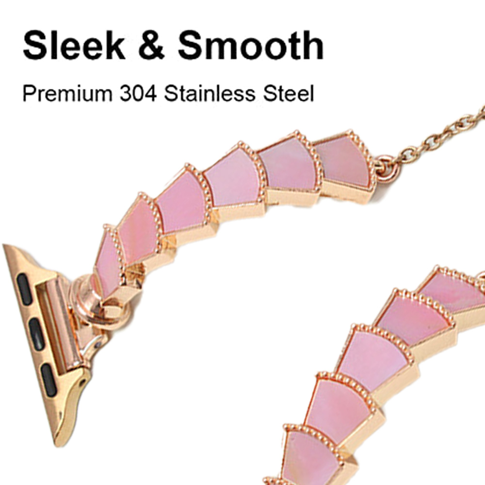 Roségoldenes Uhrenarmband mit rosa und goldenen Akzenten. Der Text lautet 'Sleek & Smooth' und 'Premium 304 Stainless Steel'.