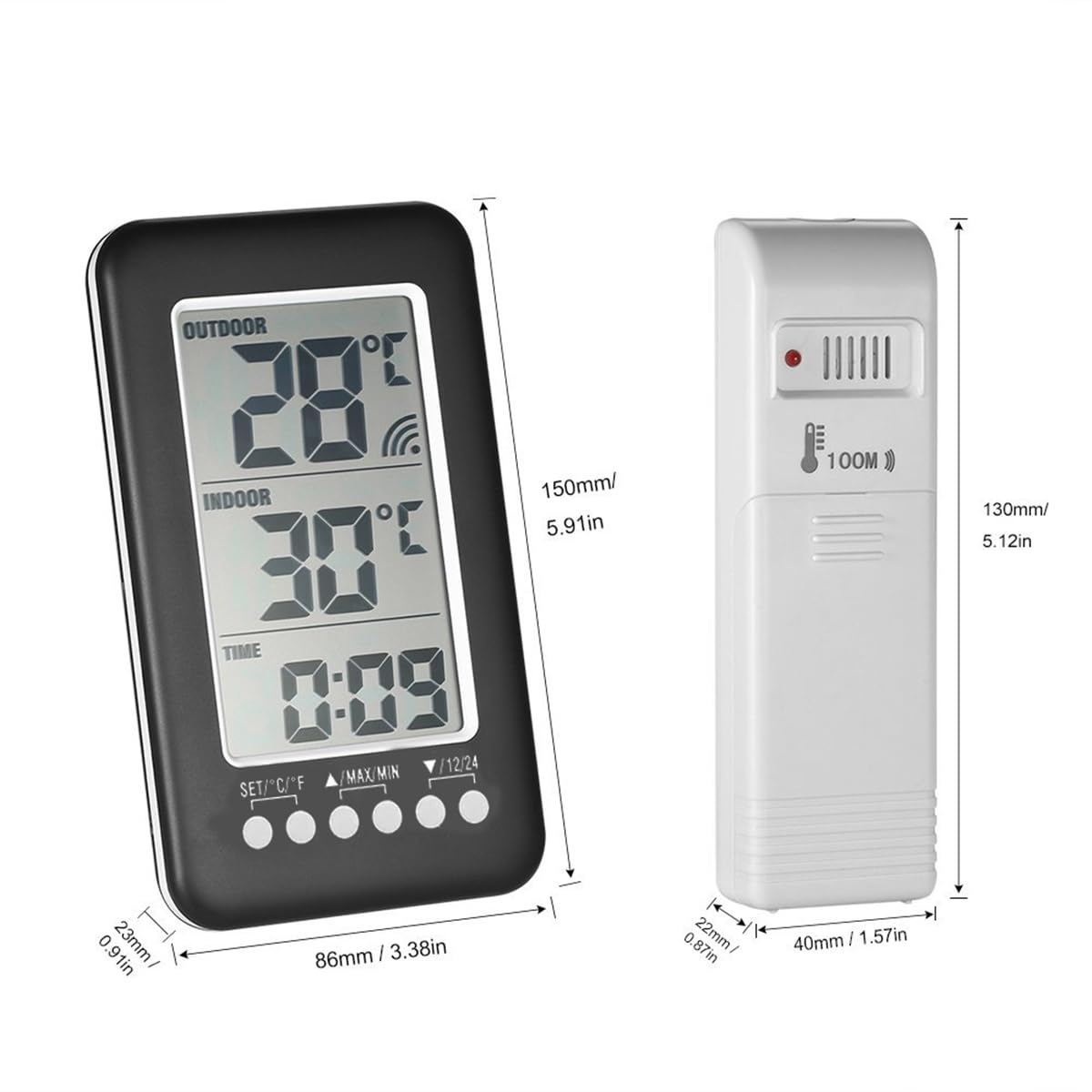 Ein digitales Thermometer zeigt Außen- und Innentemperaturen, Uhrzeit und Einstellungen an. Neben der Anzeige befindet sich ein weißer, rechteckiger Sensor.
