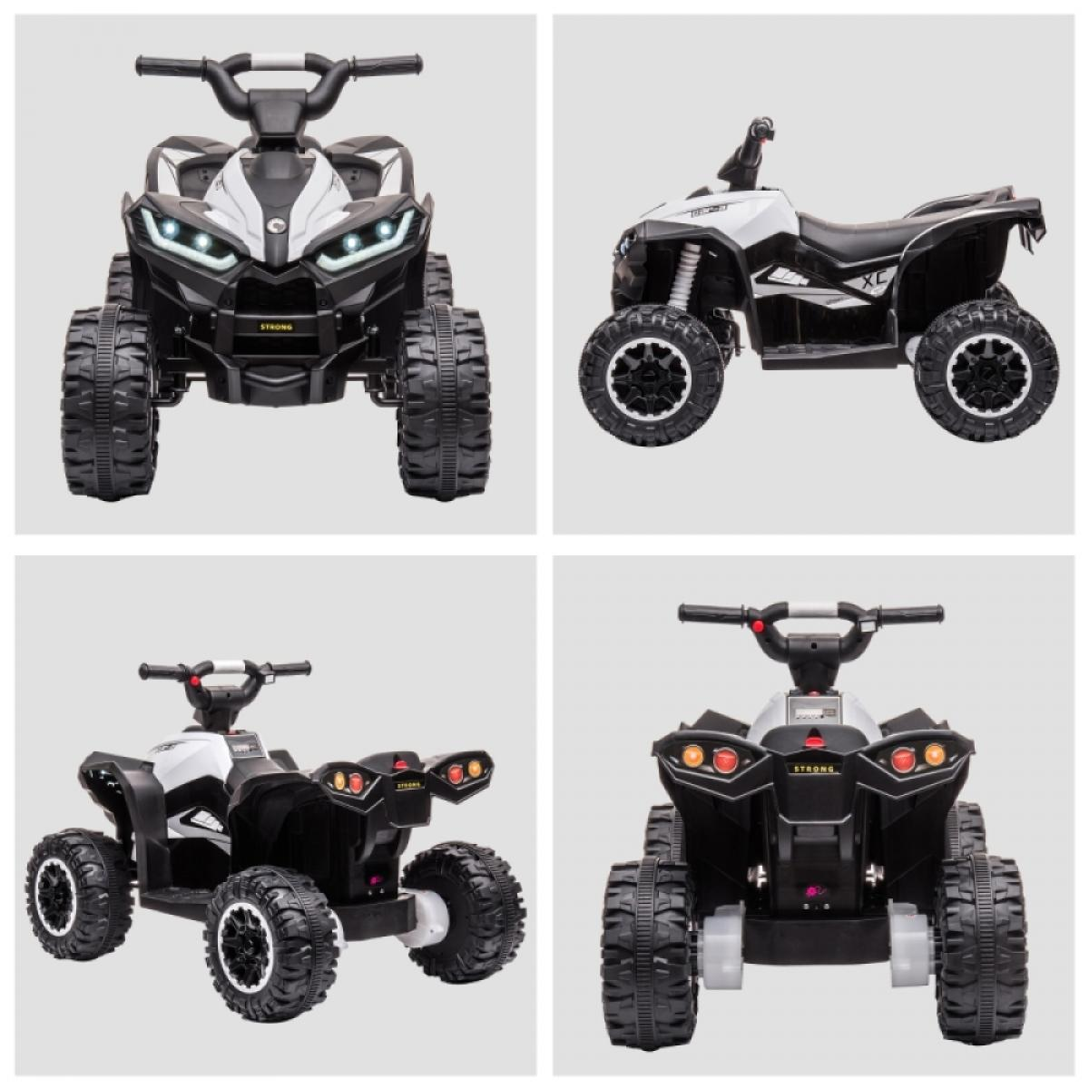 Ein Quadbike in vier verschiedenen Ansichten. Schwarz-weißes Design, große Reifen und das Wort 'STRONG' sichtbar.