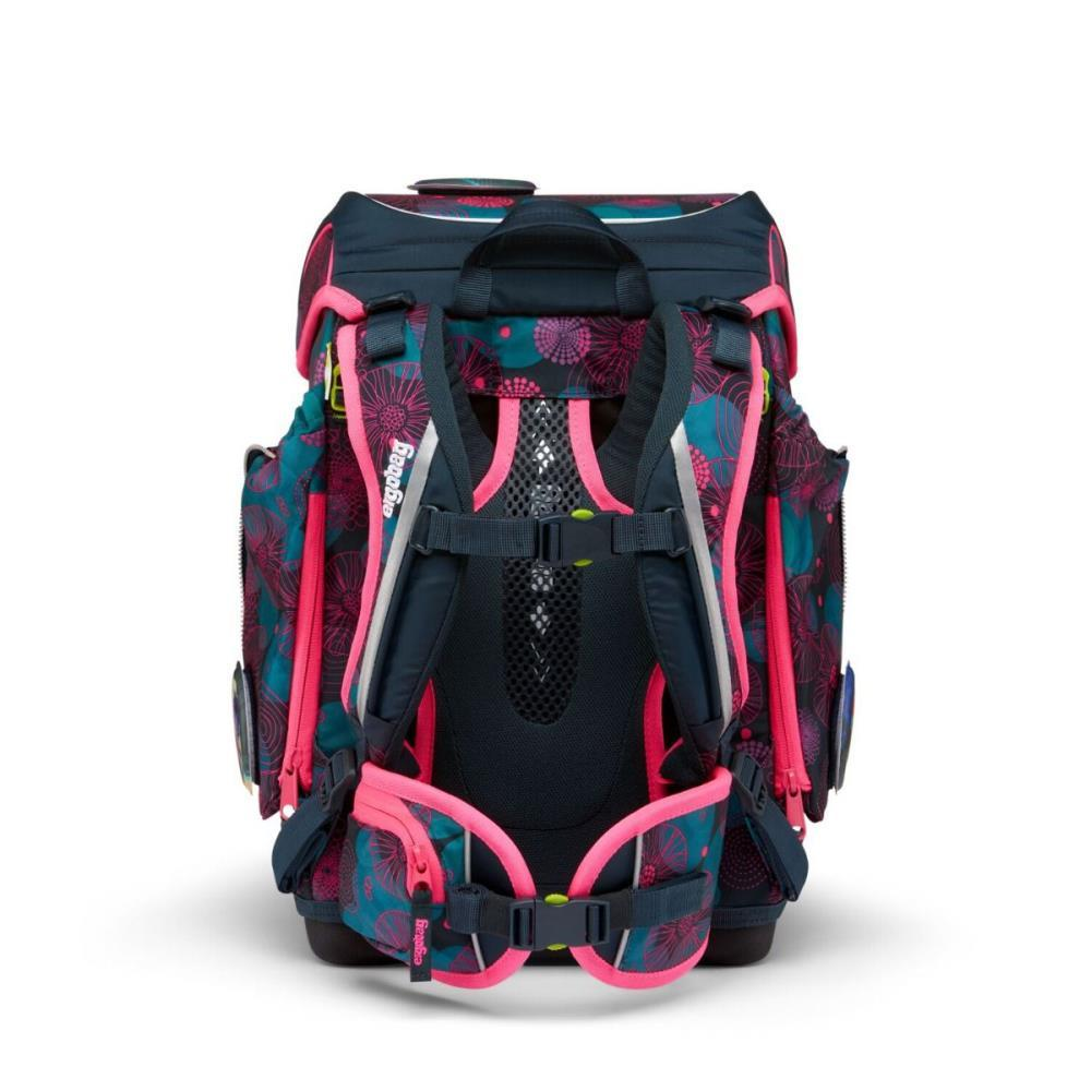 Ein bunter Rucksack mit floralen Mustern. Er hat verstellbare Träger, mehrere Fächer und einen gepolsterten Rücken für Komfort und Halt.