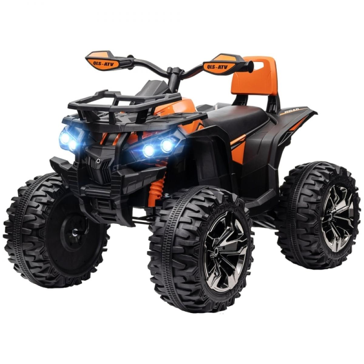 Ein schwarz-oranges ATV-Spielzeug mit großen Reifen und hellen Scheinwerfern, vor weißem Hintergrund.