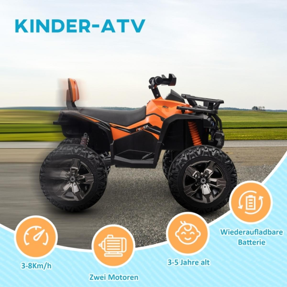 Ein orangefarbenes und schwarzes Kinder-ATV. Merkmale sind eine Geschwindigkeit von 3-8 km/h, zwei Motoren und ein Akku. Geeignet für 3-5 Jährige.
