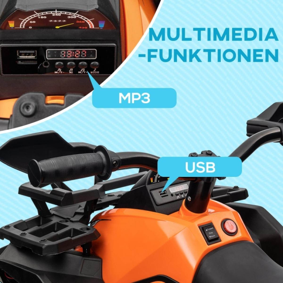 Nahaufnahme eines orange-schwarzen ATV-Armaturenbretts. Merkmale sind ein Tachometer, Digitalanzeige, USB-Anschluss und Multimedia-Funktionen.
