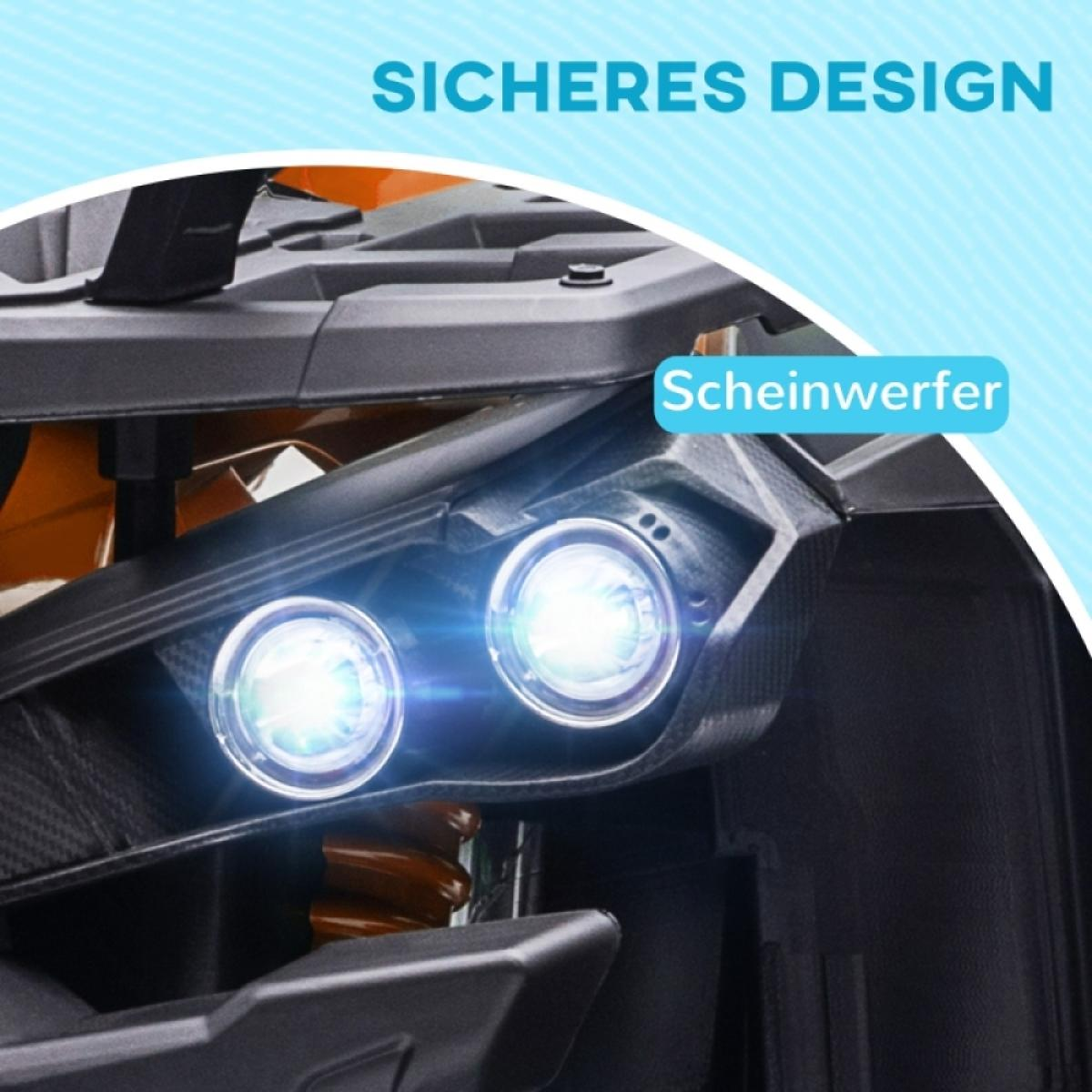 Nahaufnahme der Fahrzeugscheinwerfer mit hellem Licht. Das Bild zeigt auch deutschen Text: "Sicheres Design" und "Scheinwerfer".