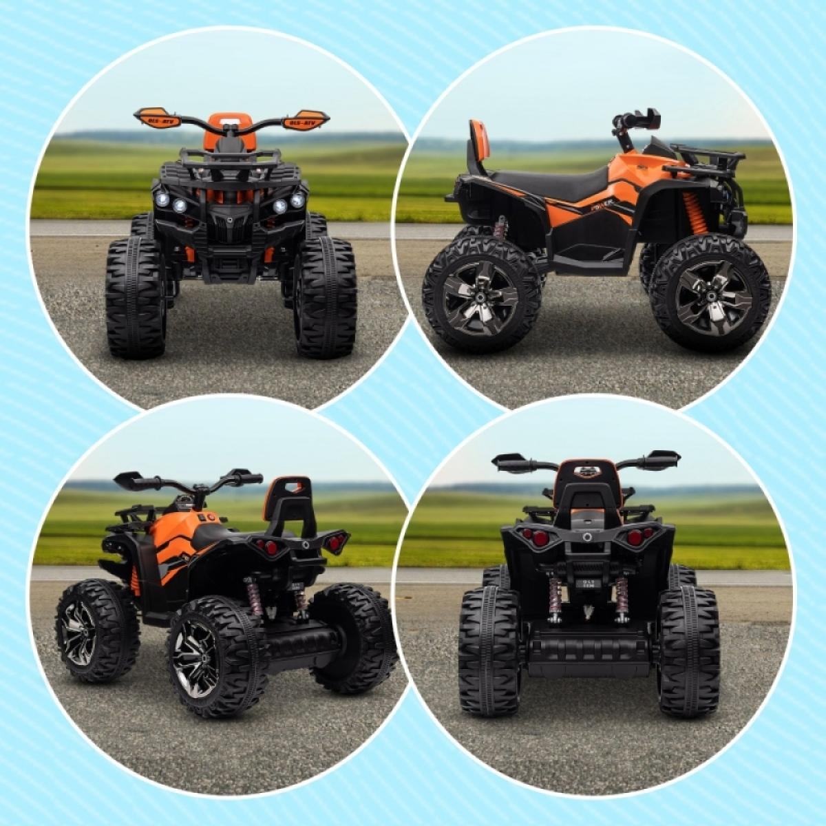 Ein Spielzeug-ATV in vier Ansichten. Es ist schwarz und orange, mit großen Reifen. Der Hintergrund ist eine Straße und ein grünes Feld.