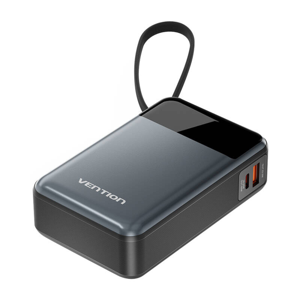 Szary power bank Vention z czarnym paskiem. Ma czarny wierzch i pomarańczowe porty. Tło jest białe.